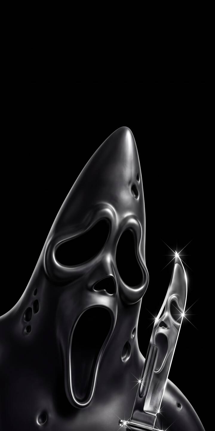 The terrifying Ghostface mask gleams with a metallic sheen, paired with a shining knife that chillingly reflects a mini Ghostface face on its blade in this dark 4K wallpaper for iPhone. This stunning horror wallpaper perfectly captures the iconic slasher's chilling presence. | iphone wallpaper horror scream mobile ghostface 4k wallpaper hd wallpaper dark aesthetic slasher knife art The terrifying Ghostface mask gleams with a metallic sheen, paired with a shining knife that chillingly reflects a mini Ghostface face on its blade in this dark 4K wallpaper for iPhone. This stunning horror wallpaper perfectly captures the iconic slasher's chilling presence.