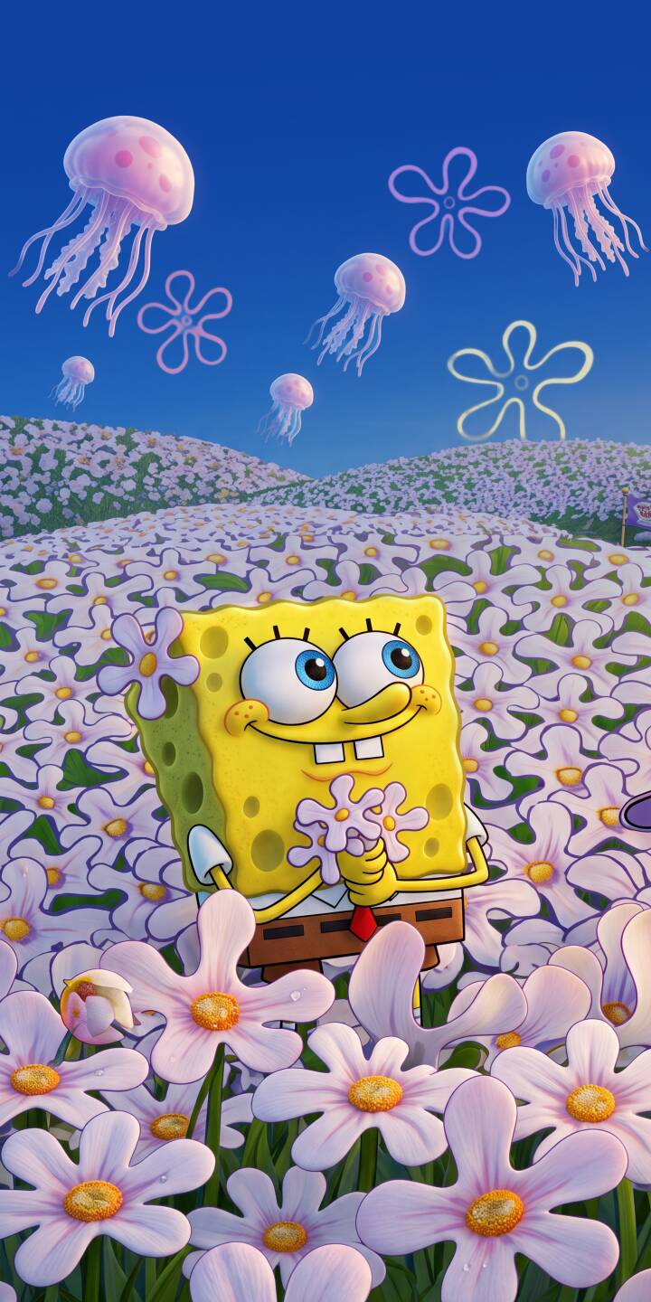 A cheerful SpongeBob SquarePants beams a bright smile while holding a delicate flower, surrounded by an enchanting field of white and purple flowers with pink jellyfish floating in a vibrant blue sky; this charming 4K wallpaper makes a perfect mobile wallpaper for iPhone. | cartoon flowers spongebob iphone wallpaper blue sky mobile spongebob squarepants 4k wallpaper hd wallpaper nickelodeon jellyfish A cheerful SpongeBob SquarePants beams a bright smile while holding a delicate flower, surrounded by an enchanting field of white and purple flowers with pink jellyfish floating in a vibrant blue sky; this charming 4K wallpaper makes a perfect mobile wallpaper for iPhone.