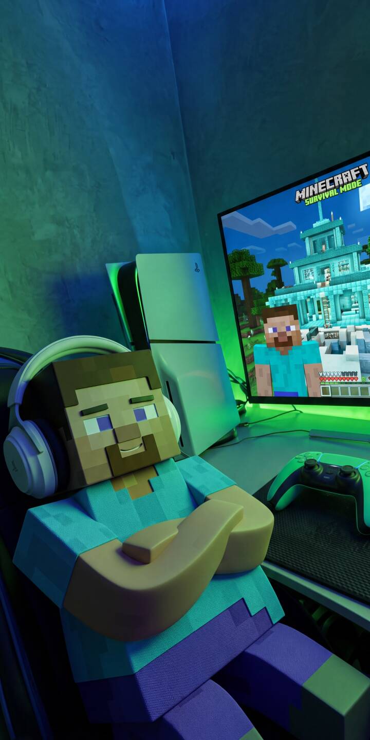 Cool blue and green ambient light illuminates Steve as he relaxes with headphones, engrossed in a Minecraft Survival Mode session on his PlayStation 5. This 4K wallpaper featuring a blocky gaming hero is the perfect wallpaper for iPhone users. | aesthetic minecraft iphone gaming wallpaper gamer steve mobile headphones ps5 4k wallpaper hd wallpaper Cool blue and green ambient light illuminates Steve as he relaxes with headphones, engrossed in a Minecraft Survival Mode session on his PlayStation 5. This 4K wallpaper featuring a blocky gaming hero is the perfect wallpaper for iPhone users.