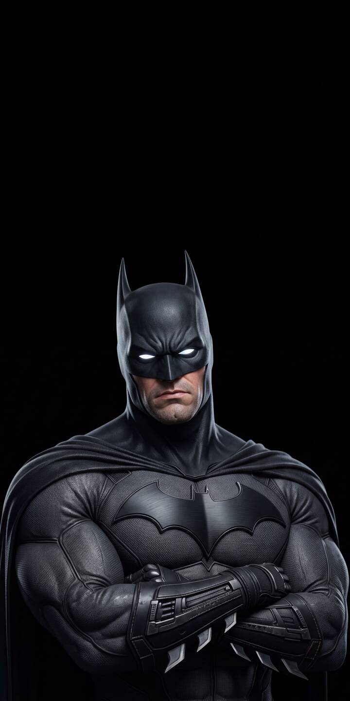 Glowing white eyes pierce the darkness as Batman, with his arms resolutely crossed, presents a formidable figure in this textured armored suit 4K wallpaper — an essential iPhone wallpaper featuring the iconic bat symbol. | aesthetic dark superhero batman iphone wallpaper dark knight mobile 4k wallpaper hd wallpaper vigilante dc comics Glowing white eyes pierce the darkness as Batman, with his arms resolutely crossed, presents a formidable figure in this textured armored suit 4K wallpaper — an essential iPhone wallpaper featuring the iconic bat symbol.