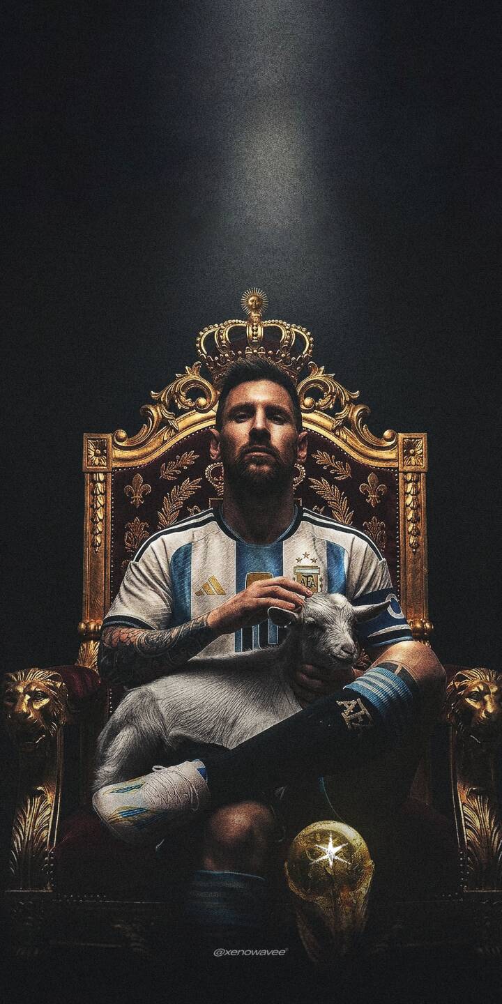 Messi sits on his throne with the ultimate symbol of greatness, portraying the Argentine legend as the undisputed king of football. | messi argentina barcelona goat Messi sits on his throne with the ultimate symbol of greatness, portraying the Argentine legend as the undisputed king of football.