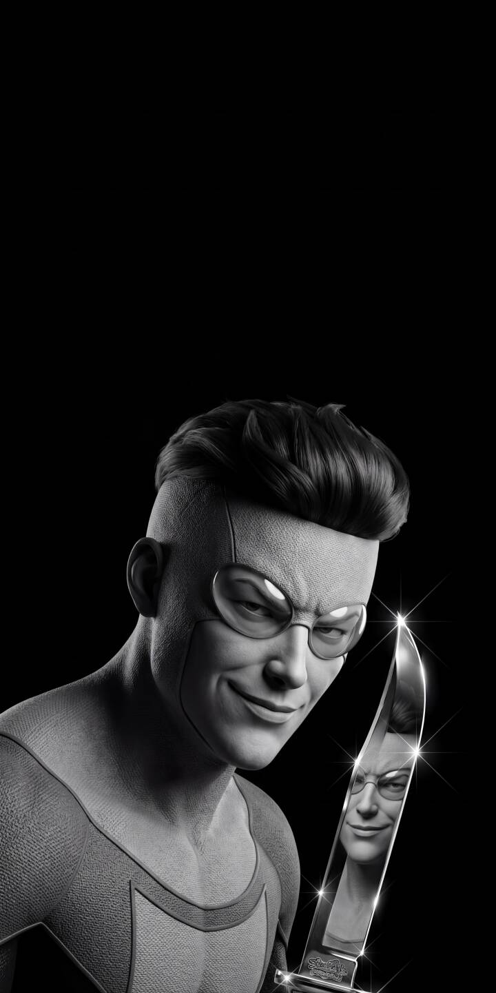 Invincible's unsettling smirk is perfectly captured, reflecting intensely on the gleaming knife he holds in this striking black and white 4K wallpaper, making it a powerful wallpaper for iPhone. | dark superhero knife iphone wallpaper black and white comic invincible mobile 4k wallpaper hd wallpaper mark grayson Invincible's unsettling smirk is perfectly captured, reflecting intensely on the gleaming knife he holds in this striking black and white 4K wallpaper, making it a powerful wallpaper for iPhone.
