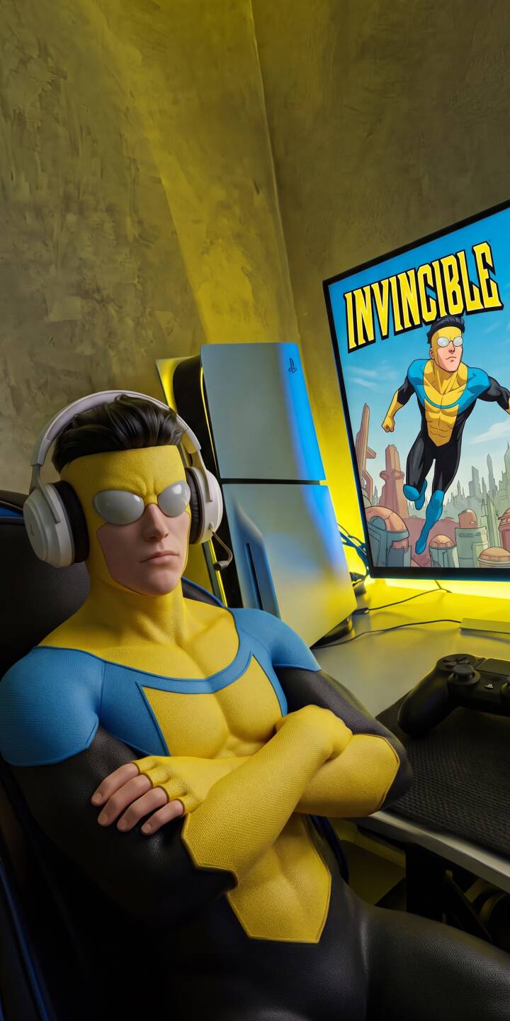 Cool and collected, Invincible relaxes at his gaming setup, wearing crisp white headphones and iconic sunglasses, with the Invincible animated series playing on a nearby screen; this dynamic 4K wallpaper is a must-have for iPhone fans. This striking wallpaper perfectly captures a superhero's downtime. | superhero iphone gaming wallpaper invincible mobile headphones comic art 4k wallpaper hd wallpaper mark grayson desktop setup Cool and collected, Invincible relaxes at his gaming setup, wearing crisp white headphones and iconic sunglasses, with the Invincible animated series playing on a nearby screen; this dynamic 4K wallpaper is a must-have for iPhone fans. This striking wallpaper perfectly captures a superhero's downtime.