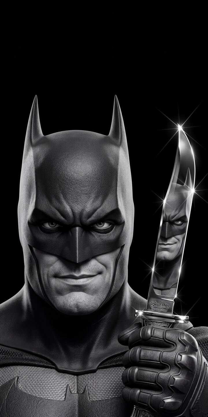Batman's intense gaze meets his reflected image in the gleaming blade of a tactical knife in this monochrome 4K wallpaper, a striking wallpaper for iPhone showcasing the Caped Crusader's darker side. | knife batman reflection iphone wallpaper dark knight mobile 4k wallpaper hd wallpaper bruce wayne monochrome dc comics Batman's intense gaze meets his reflected image in the gleaming blade of a tactical knife in this monochrome 4K wallpaper, a striking wallpaper for iPhone showcasing the Caped Crusader's darker side.