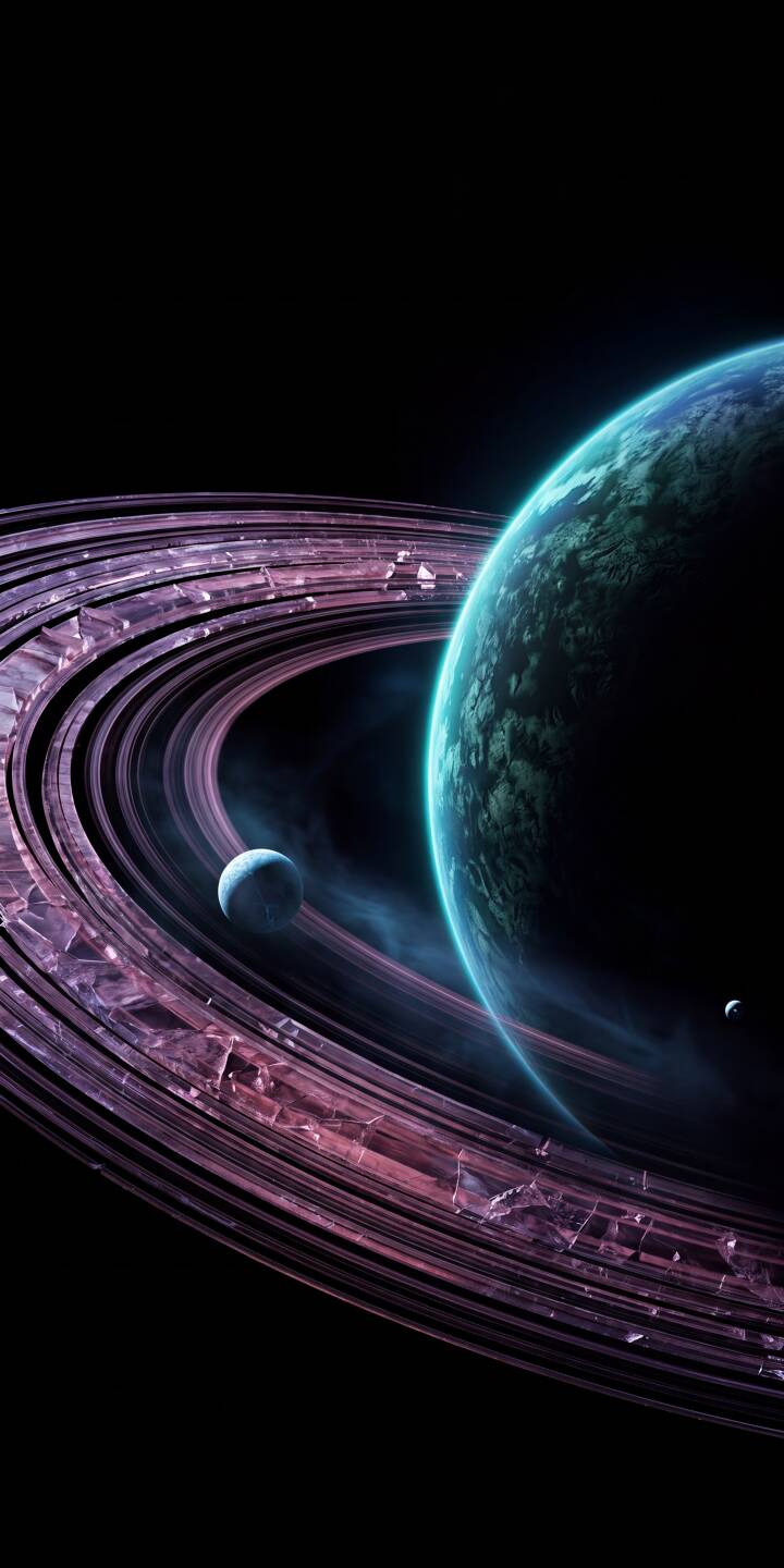The massive, teal-glowing ringed planet dominates this stunning 4K wallpaper, with its elaborate crystalline purple rings and orbiting moons creating an epic cosmic scene perfect as an iPhone wallpaper. | aesthetic moon space planet iphone wallpaper mobile 4k wallpaper hd wallpaper ringed planet sci-fi cosmic The massive, teal-glowing ringed planet dominates this stunning 4K wallpaper, with its elaborate crystalline purple rings and orbiting moons creating an epic cosmic scene perfect as an iPhone wallpaper.