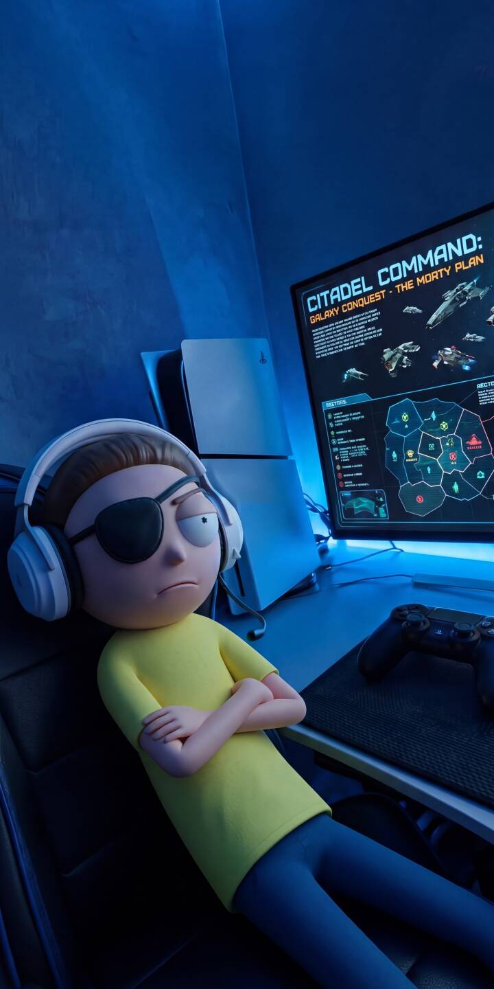 Morty's unimpressed expression, complete with a distinctive eye patch and headphones, captures the essence of a bored gamer in this blue-lit 4K scene. This striking wallpaper, featuring 'The Morty Plan' on screen, makes an ideal backdrop for your iPhone. | cartoon iphone wallpaper rick and morty gamer mobile 4k wallpaper hd wallpaper gaming aesthetic morty evil morty Morty's unimpressed expression, complete with a distinctive eye patch and headphones, captures the essence of a bored gamer in this blue-lit 4K scene. This striking wallpaper, featuring 'The Morty Plan' on screen, makes an ideal backdrop for your iPhone.