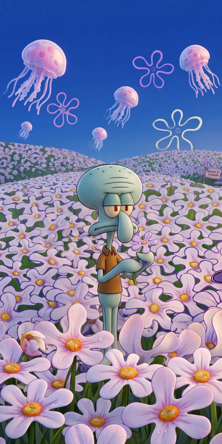Squidward's signature disgruntled expression perfectly captures his mood as he stands amidst a vast field of vibrant purple-petaled flowers, with glowing pink jellyfish dotting the bright blue sky; this charming 4K wallpaper for iPhone is a delightful addition to any fan's collection. | cartoon aesthetic spongebob flower field squidward iphone wallpaper mobile 4k wallpaper hd wallpaper jellyfish squidward tentacles Squidward's signature disgruntled expression perfectly captures his mood as he stands amidst a vast field of vibrant purple-petaled flowers, with glowing pink jellyfish dotting the bright blue sky; this charming 4K wallpaper for iPhone is a delightful addition to any fan's collection.