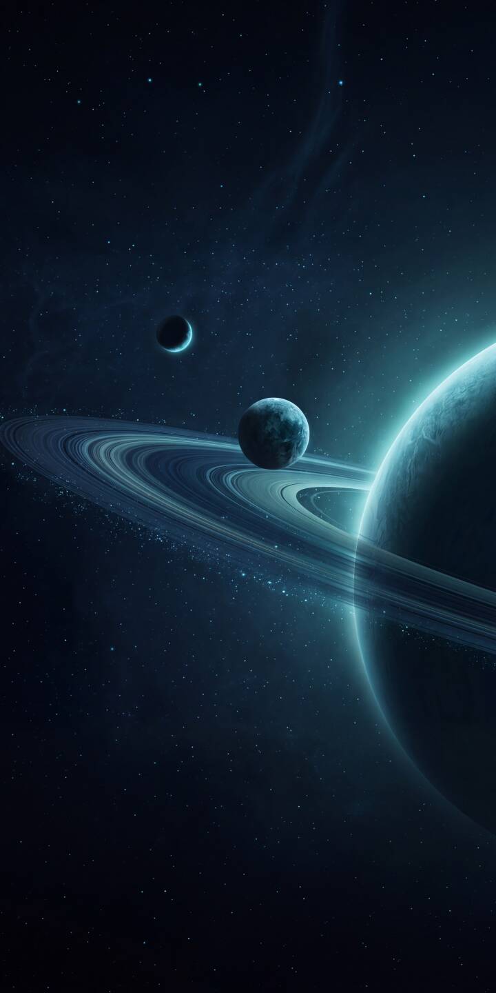 The striking blue glow of a majestic ringed planet dominates this stunning 4K wallpaper, with two smaller celestial bodies visible amidst a dark, star-filled nebula – a perfect wallpaper for your iPhone. | blue space nebula iphone planets wallpaper mobile 4k wallpaper hd wallpaper celestial dark aesthetic cosmos The striking blue glow of a majestic ringed planet dominates this stunning 4K wallpaper, with two smaller celestial bodies visible amidst a dark, star-filled nebula – a perfect wallpaper for your iPhone.