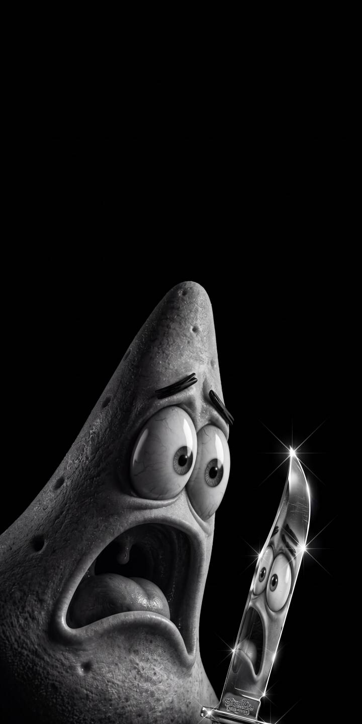 Patrick Star's wide, terrified eyes and open mouth are mirrored in the gleaming blade of a knife held before him in this unsettling 4K wallpaper. This monochromatic, horror-themed wallpaper is a must-have for iPhone users who appreciate dark and unique visuals. | spongebob knife creepy patrick iphone wallpaper black and white horror patrick star mobile 4k wallpaper hd wallpaper Patrick Star's wide, terrified eyes and open mouth are mirrored in the gleaming blade of a knife held before him in this unsettling 4K wallpaper. This monochromatic, horror-themed wallpaper is a must-have for iPhone users who appreciate dark and unique visuals.