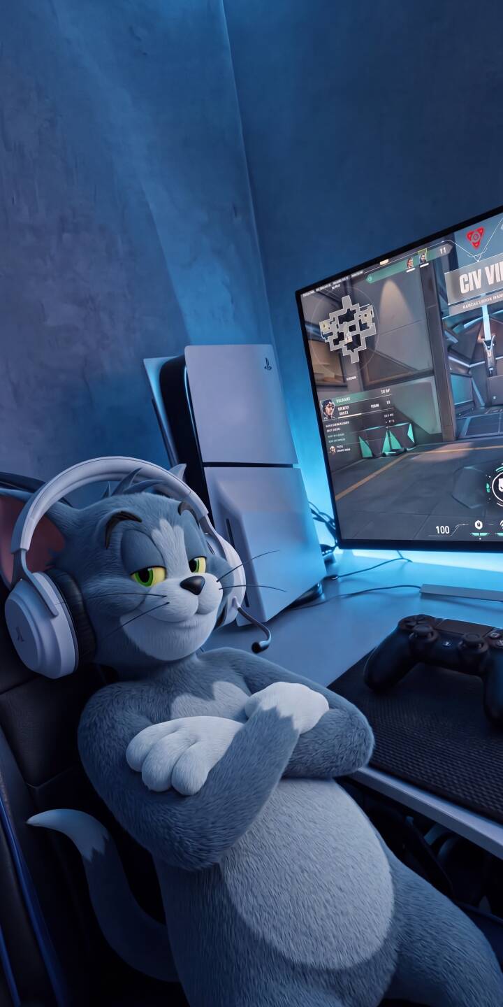 With arms confidently crossed and headphones on, a cool Tom Cat leans back in his gaming chair as an intense FPS game displays on the monitor in this vibrant 4K wallpaper — an essential gaming wallpaper for iPhone users. The subtle blue lighting and visible PlayStation 5 add to the ultimate gamer aesthetic. | cartoon iphone tom tom and jerry gaming wallpaper gamer mobile valorant ps5 4k wallpaper With arms confidently crossed and headphones on, a cool Tom Cat leans back in his gaming chair as an intense FPS game displays on the monitor in this vibrant 4K wallpaper — an essential gaming wallpaper for iPhone users. The subtle blue lighting and visible PlayStation 5 add to the ultimate gamer aesthetic.
