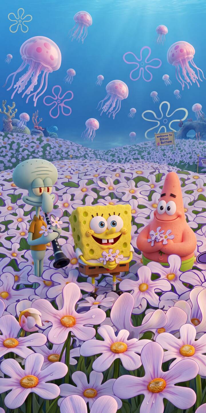 A sea of vibrant purple flowers stretches out as Spongebob, Patrick, and Squidward gather joyfully (and grudgingly) among them, with pink jellyfish floating overhead in this delightful 4K wallpaper. This charming scene makes an excellent wallpaper for iPhone users. | cartoon spongebob underwater bikini bottom iphone wallpaper patrick star mobile whimsical 4k wallpaper hd wallpaper squidward tentacles A sea of vibrant purple flowers stretches out as Spongebob, Patrick, and Squidward gather joyfully (and grudgingly) among them, with pink jellyfish floating overhead in this delightful 4K wallpaper. This charming scene makes an excellent wallpaper for iPhone users.