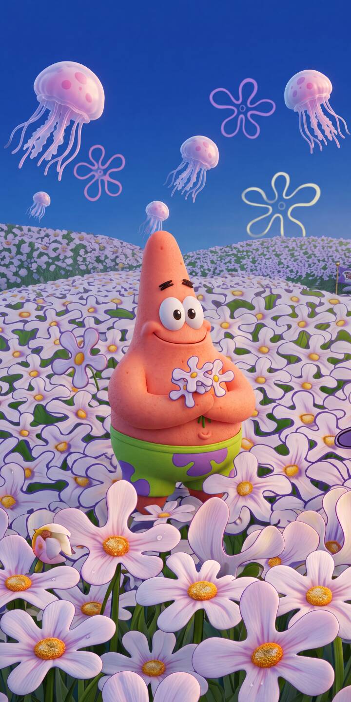 Smiling Patrick Star holds tiny flowers amidst a stunning field of purple blossoms, while playful pink jellyfish drift across the serene blue sky in this vibrant 4K wallpaper. It's the perfect aesthetic wallpaper for your iPhone. | cartoon flowers spongebob iphone wallpaper vibrant patrick star mobile whimsical 4k wallpaper hd wallpaper jellyfish Smiling Patrick Star holds tiny flowers amidst a stunning field of purple blossoms, while playful pink jellyfish drift across the serene blue sky in this vibrant 4K wallpaper. It's the perfect aesthetic wallpaper for your iPhone.