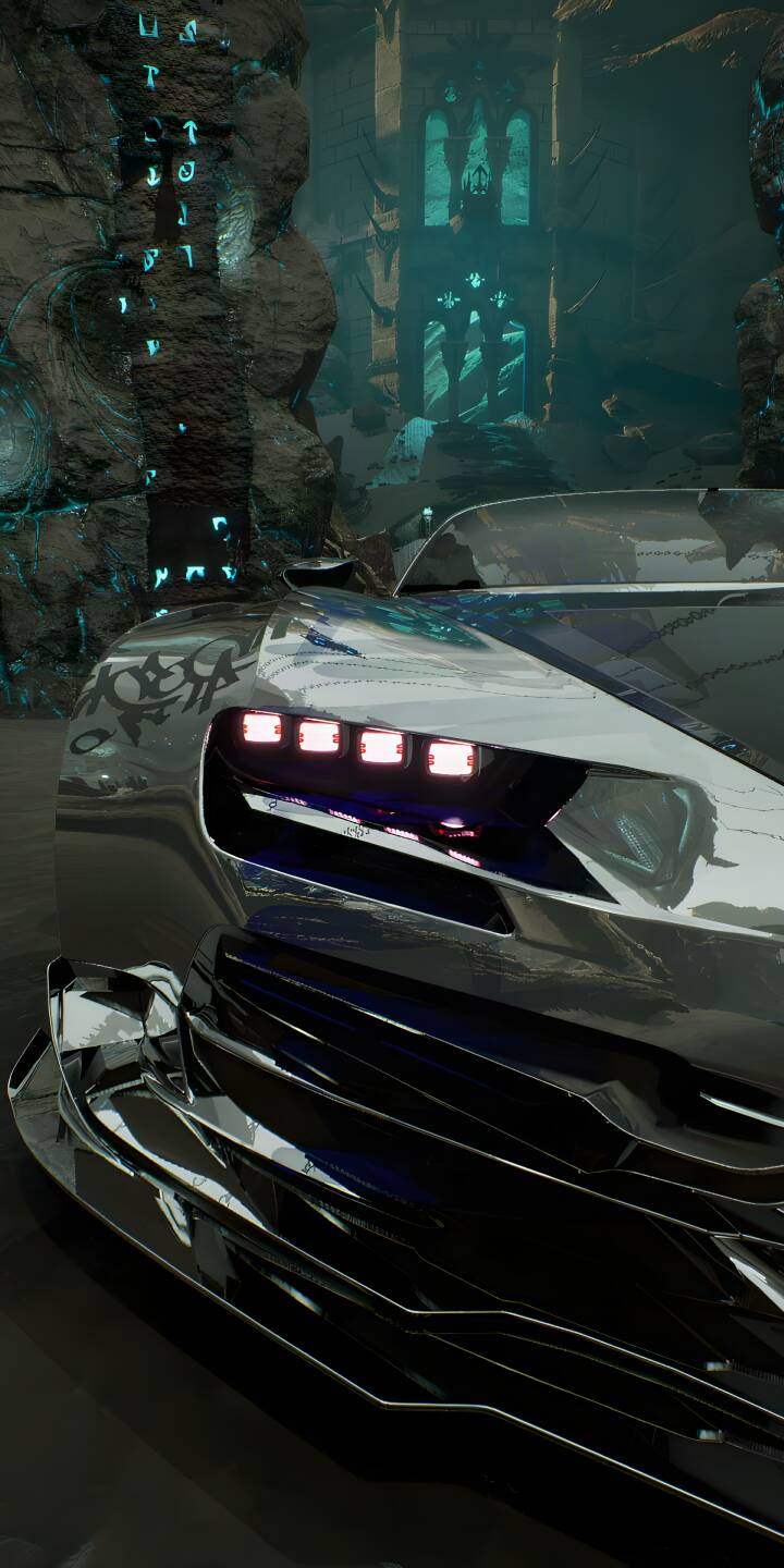 The sleek red taillights of this futuristic chrome car illuminate a path through ancient ruins with glowing blue runes, making for an epic 4K wallpaper. This stunning high-tech wallpaper is perfect for any iPhone user seeking a blend of mystery and advanced design. | vehicle iphone cyberpunk wallpaper mobile 4k wallpaper hd wallpaper sci-fi futuristic car ancient ruins glowing runes chrome car The sleek red taillights of this futuristic chrome car illuminate a path through ancient ruins with glowing blue runes, making for an epic 4K wallpaper. This stunning high-tech wallpaper is perfect for any iPhone user seeking a blend of mystery and advanced design.