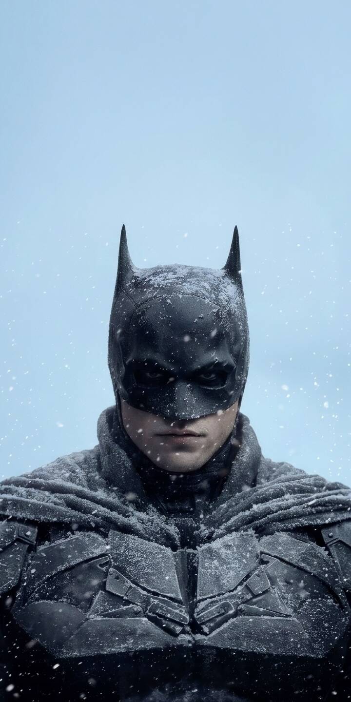 Snowflakes cling to The Batman's dark armored suit, creating a striking contrast against the pale blue, snow-filled sky in this atmospheric 4K wallpaper — an essential iPhone wallpaper for fans of the caped crusader's grim determination. | superhero batman gotham dccomics darkknight Snowflakes cling to The Batman's dark armored suit, creating a striking contrast against the pale blue, snow-filled sky in this atmospheric 4K wallpaper — an essential iPhone wallpaper for fans of the caped crusader's grim determination.