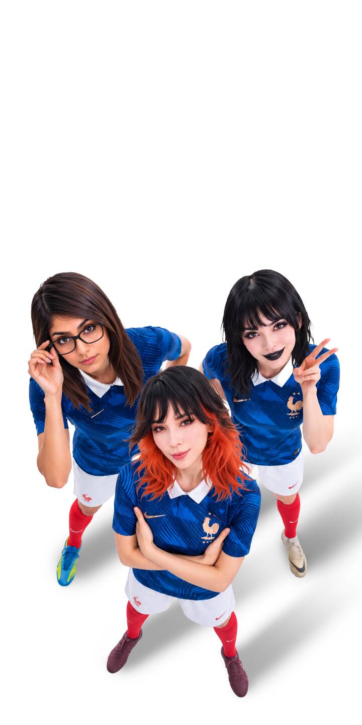 Three stylish women proudly wear their blue French soccer jerseys and red socks, posing dynamically against a crisp white background in this vibrant 4K wallpaper. This appealing wallpaper, featuring the unique expressions and poses of the trio, is perfect for any iPhone. | football aesthetic iphone france wallpaper women mobile 4k wallpaper hd wallpaper soccer fans blue jersey french girls Three stylish women proudly wear their blue French soccer jerseys and red socks, posing dynamically against a crisp white background in this vibrant 4K wallpaper. This appealing wallpaper, featuring the unique expressions and poses of the trio, is perfect for any iPhone.