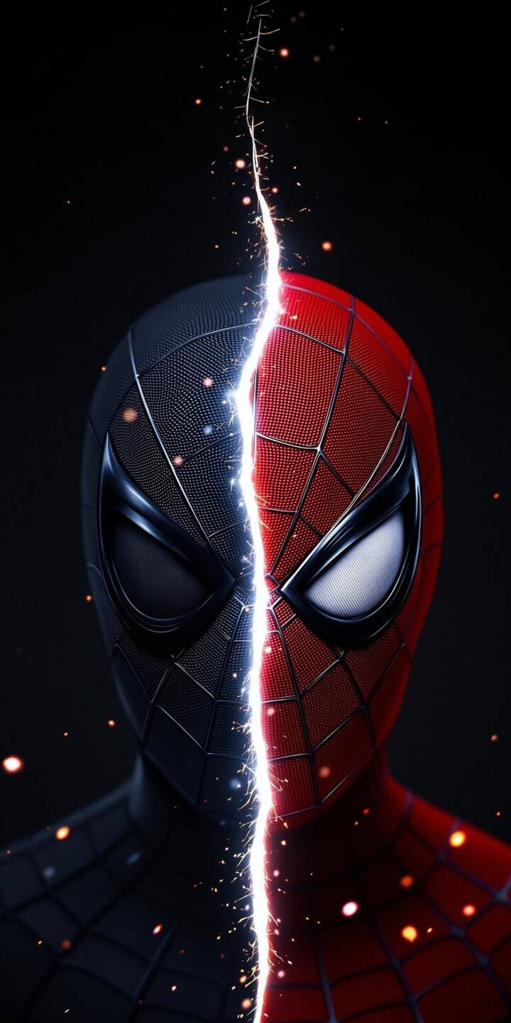 A brilliant electric bolt dramatically splits Spider-Man's face, showcasing his classic red suit on one side and a sleek black costume on the other in this compelling 4K wallpaper. This vivid visual duality makes for an electrifying wallpaper experience on any iPhone. | lightning superhero marvel spiderman iphone wallpaper comic mobile 4k wallpaper hd wallpaper red and black duality A brilliant electric bolt dramatically splits Spider-Man's face, showcasing his classic red suit on one side and a sleek black costume on the other in this compelling 4K wallpaper. This vivid visual duality makes for an electrifying wallpaper experience on any iPhone.