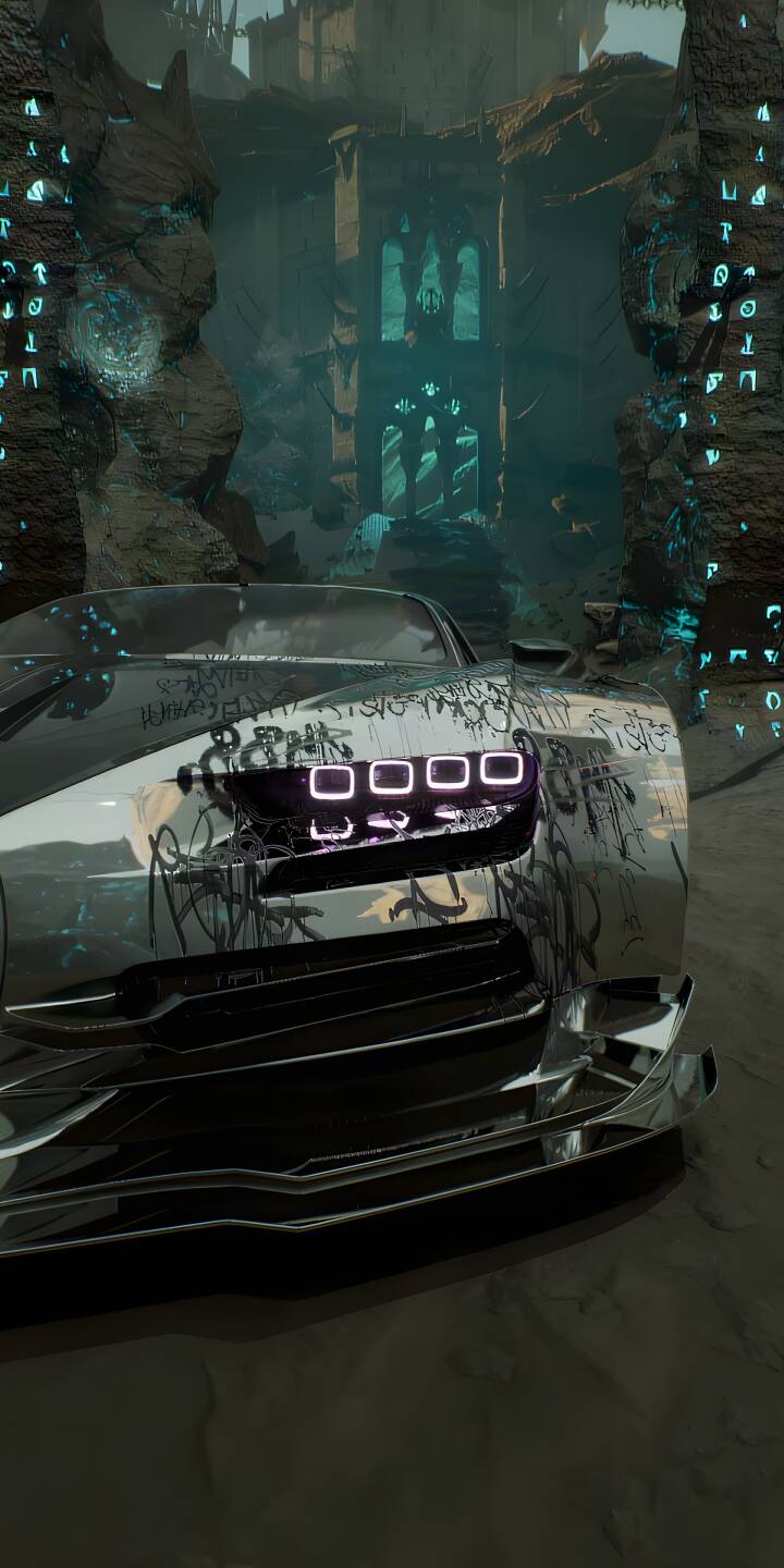 Graffiti art streaks across the chrome body of this sleek futuristic car, its purple headlights piercing the gloom of ancient ruins in this striking 4K wallpaper - a perfect mobile wallpaper for iPhone screens. | car dark neon iphone cyberpunk wallpaper graffiti mobile 4k wallpaper hd wallpaper sci-fi futuristic car Graffiti art streaks across the chrome body of this sleek futuristic car, its purple headlights piercing the gloom of ancient ruins in this striking 4K wallpaper - a perfect mobile wallpaper for iPhone screens.