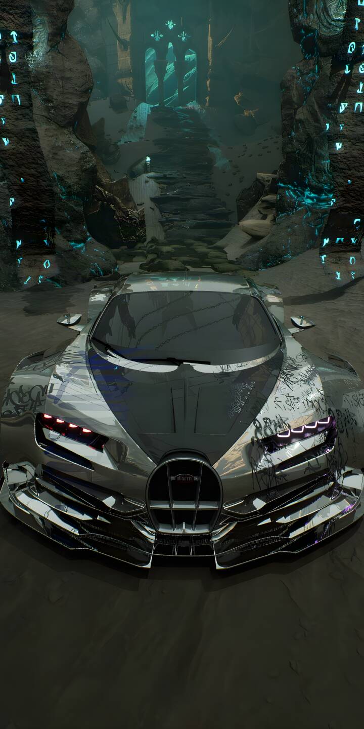 The sleek, chrome Bugatti, emblazoned with intricate glowing runes, sits commandingly amidst a mysterious ancient cavern, making this 4K wallpaper an exceptional choice for your iPhone. This dynamic vehicle wallpaper perfectly blends futuristic design with an enigmatic setting. | neon cave chrome iphone bugatti supercar wallpaper mobile 4k wallpaper hd wallpaper sci-fi futuristic car The sleek, chrome Bugatti, emblazoned with intricate glowing runes, sits commandingly amidst a mysterious ancient cavern, making this 4K wallpaper an exceptional choice for your iPhone. This dynamic vehicle wallpaper perfectly blends futuristic design with an enigmatic setting.