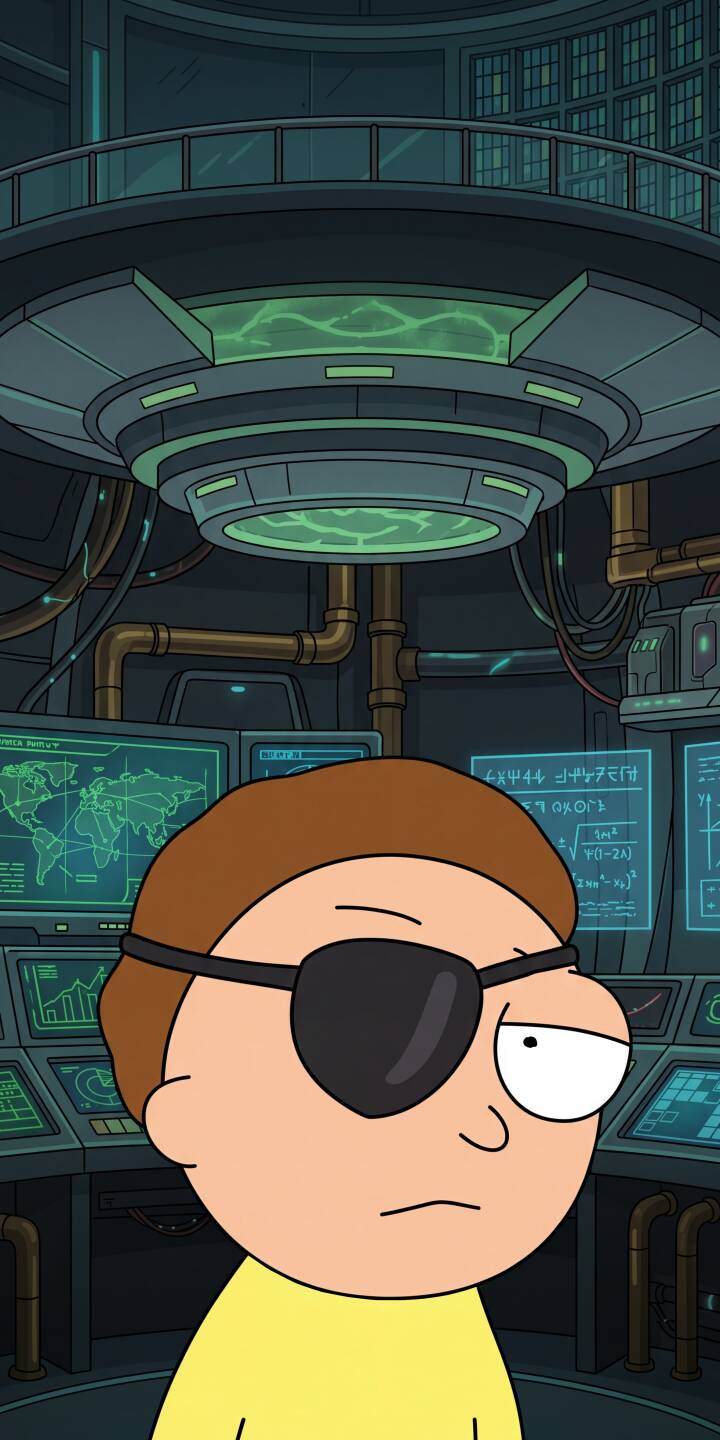 Evil Morty's iconic eyepatch covers his right eye while a complex, glowing green lab machinery looms behind him in this striking 4K wallpaper. This intense wallpaper is perfect for any iPhone to display your appreciation for Rick and Morty's darker narratives. | cartoon iphone wallpaper rick and morty mobile 4k wallpaper hd wallpaper sci-fi eyepatch morty evil morty control room Evil Morty's iconic eyepatch covers his right eye while a complex, glowing green lab machinery looms behind him in this striking 4K wallpaper. This intense wallpaper is perfect for any iPhone to display your appreciation for Rick and Morty's darker narratives.