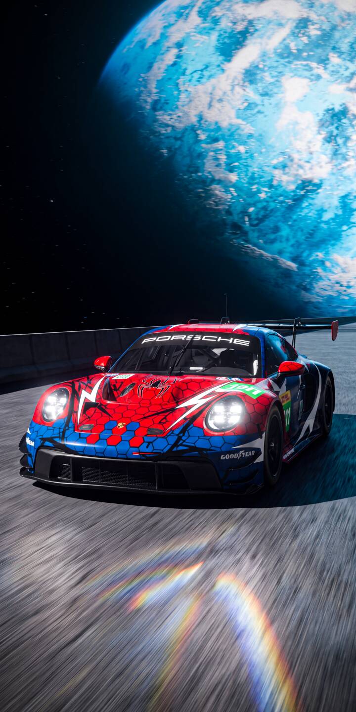 The glowing blue Earth dominates the dark cosmic background as a high-speed Porsche race car, adorned with a vibrant red and blue livery, blazes down the track in this dynamic 4K wallpaper — a perfect mobile wallpaper for your iPhone. | race car space earth iphone porsche supercar dynamic wallpaper mobile 4k wallpaper hd wallpaper cosmic The glowing blue Earth dominates the dark cosmic background as a high-speed Porsche race car, adorned with a vibrant red and blue livery, blazes down the track in this dynamic 4K wallpaper — a perfect mobile wallpaper for your iPhone.