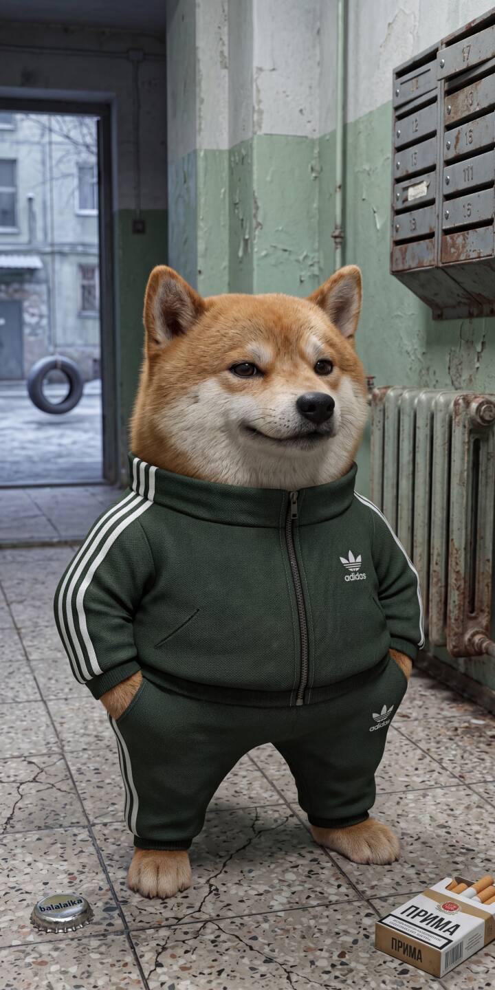 Donning a full green Adidas tracksuit, a smug Shiba Inu stands confidently in a gritty, peeling hallway, making for a uniquely cool 4K wallpaper. This stylish wallpaper, complete with urban decay details like a discarded cigarette pack, is perfect for iPhone customization. | urban dog shiba inu iphone adidas wallpaper mobile 4k wallpaper hd wallpaper shiba tracksuit gopnik Donning a full green Adidas tracksuit, a smug Shiba Inu stands confidently in a gritty, peeling hallway, making for a uniquely cool 4K wallpaper. This stylish wallpaper, complete with urban decay details like a discarded cigarette pack, is perfect for iPhone customization.
