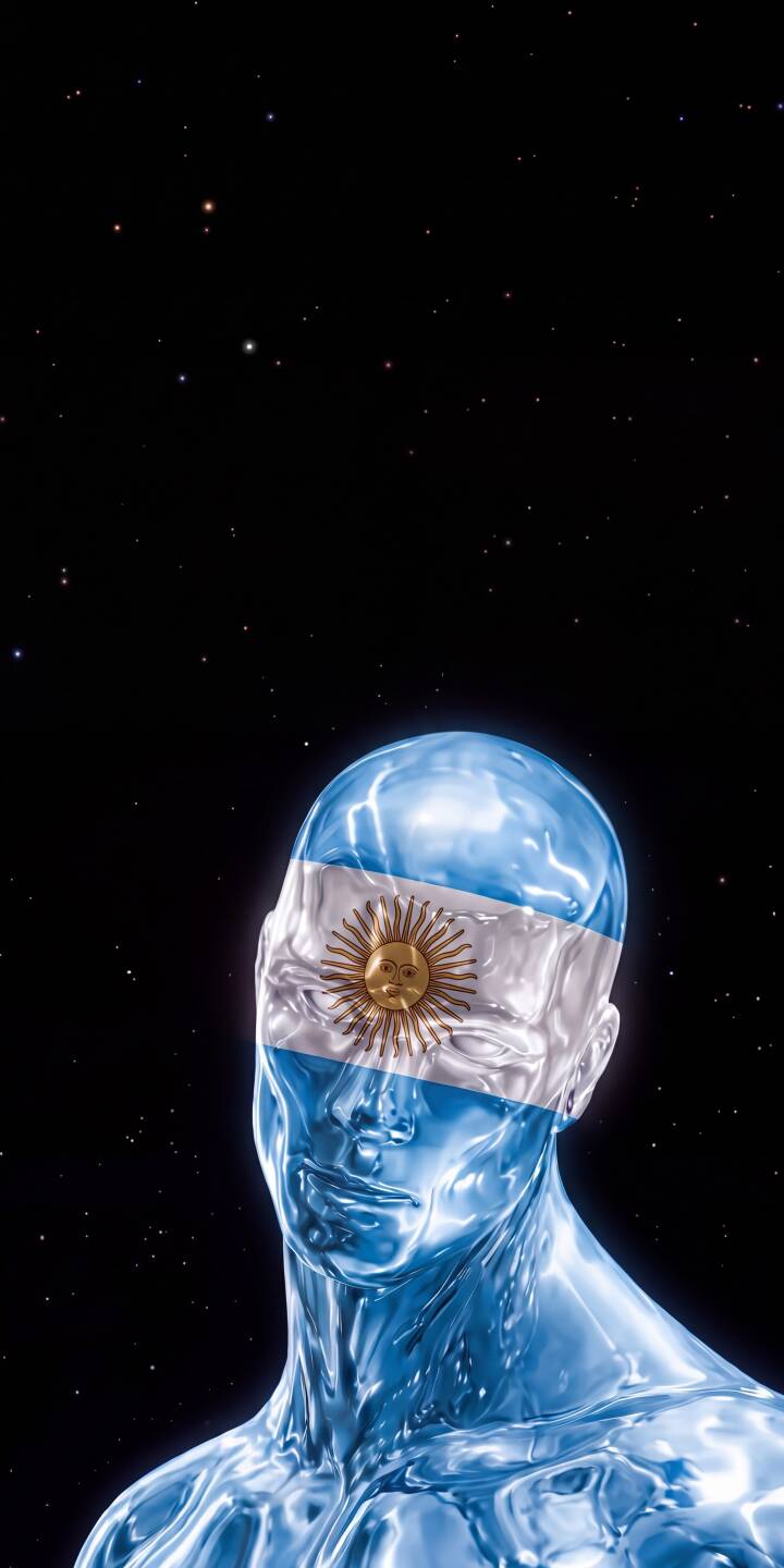 The reflective chrome skin of a human-like figure gleams beneath the iconic Argentine flag, draped like a mask in this captivating 4K wallpaper. This stunning visual, set against a dark, starry backdrop, makes for a unique wallpaper for iPhone. | space iphone argentina abstract wallpaper futuristic mobile metallic 4k wallpaper hd wallpaper patriotic argentina flag The reflective chrome skin of a human-like figure gleams beneath the iconic Argentine flag, draped like a mask in this captivating 4K wallpaper. This stunning visual, set against a dark, starry backdrop, makes for a unique wallpaper for iPhone.