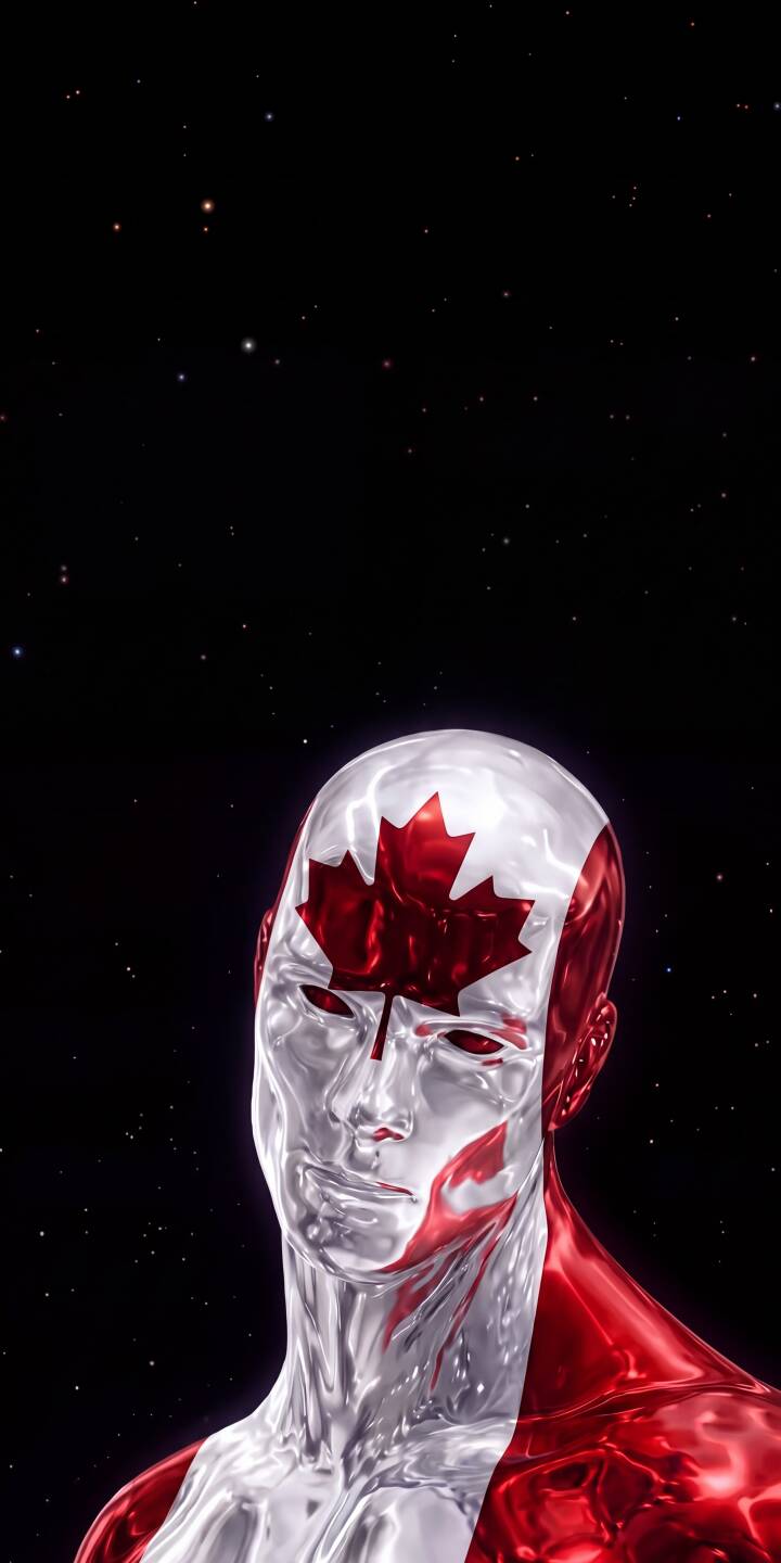 A gleaming metallic figure adorned with the iconic Canadian maple leaf stands prominently against a starry black sky in this captivating 4K wallpaper, making it a proud wallpaper for any iPhone. Its reflective red and silver surfaces shimmer, showcasing detailed flag imagery. | flag space iphone wallpaper mobile metallic 4k wallpaper hd wallpaper patriotism canada maple leaf canadian A gleaming metallic figure adorned with the iconic Canadian maple leaf stands prominently against a starry black sky in this captivating 4K wallpaper, making it a proud wallpaper for any iPhone. Its reflective red and silver surfaces shimmer, showcasing detailed flag imagery.