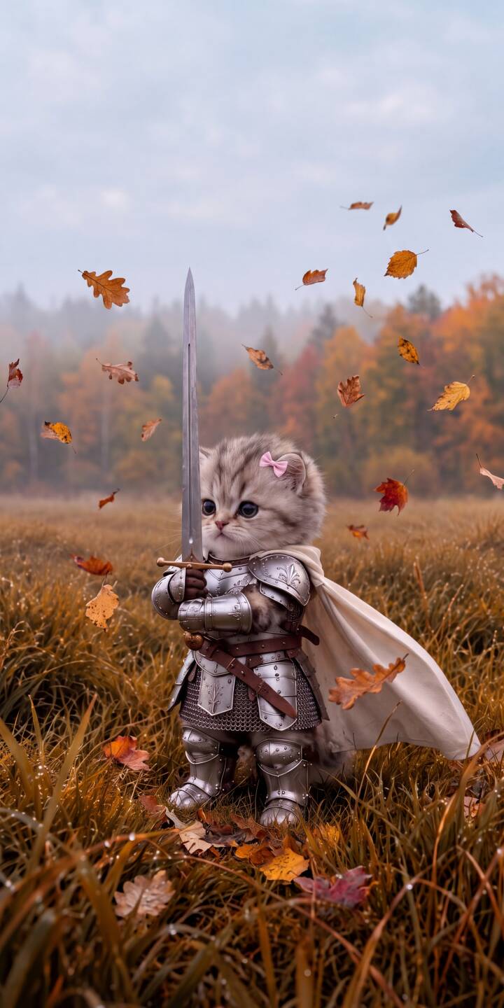 A brave kitten knight, complete with full plate armor, an elegant white cape, and a charming pink bow on its ear, stands defiantly holding a sword amidst a field of falling autumn leaves in this enchanting 4K wallpaper. This adorable and whimsical fantasy wallpaper is perfect for any iPhone, bringing a touch of adventure to your screen. | sword cat knight cute iphone fantasy autumn wallpaper kitten mobile 4k wallpaper hd wallpaper A brave kitten knight, complete with full plate armor, an elegant white cape, and a charming pink bow on its ear, stands defiantly holding a sword amidst a field of falling autumn leaves in this enchanting 4K wallpaper. This adorable and whimsical fantasy wallpaper is perfect for any iPhone, bringing a touch of adventure to your screen.