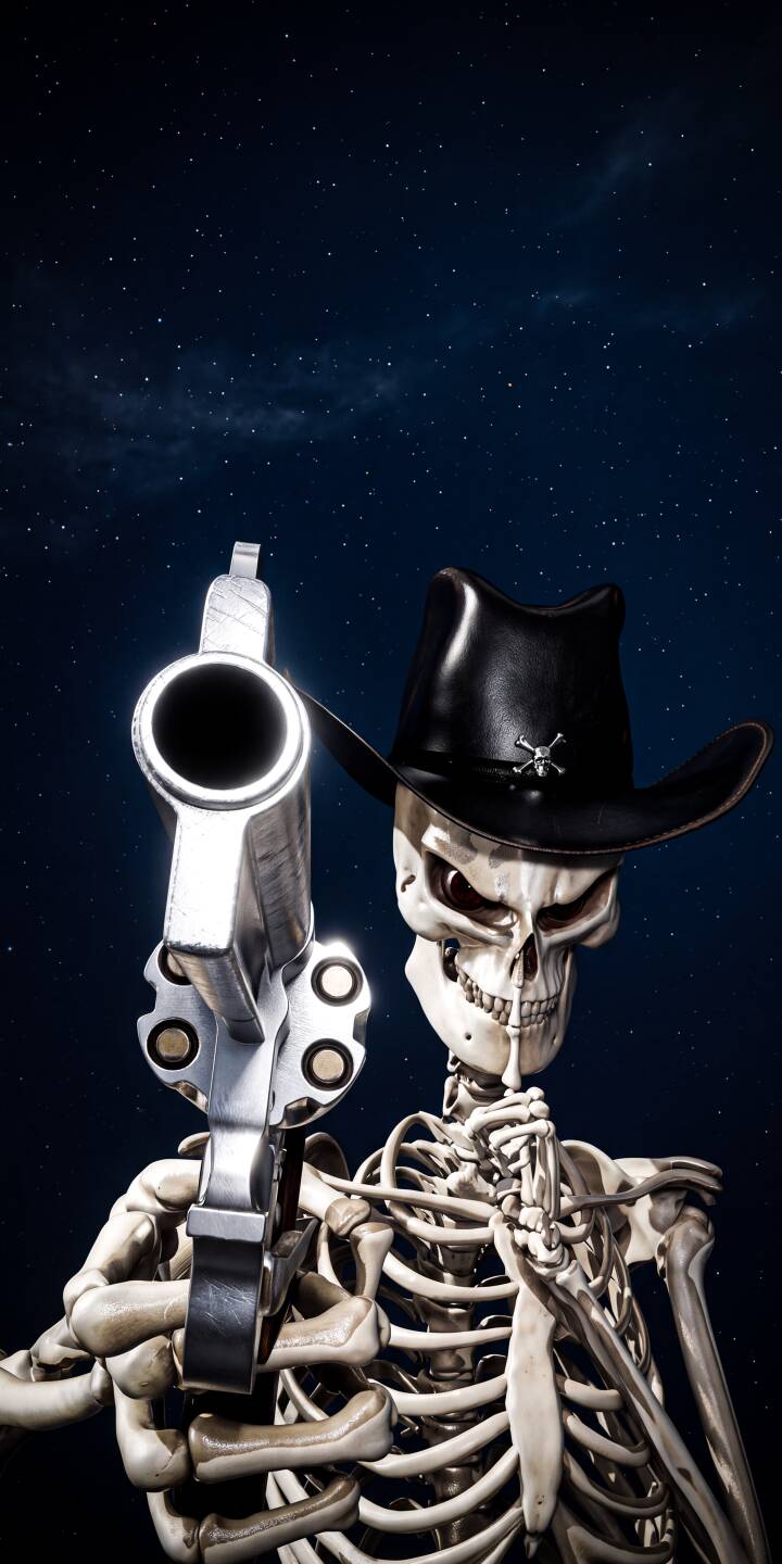 A menacing skeletal figure wearing a black cowboy hat and pointing a silver revolver straight ahead makes for an imposing 4K wallpaper. This dark and mysterious wallpaper for iPhone captures the detailed bones and starry night background perfectly. | dark gun cowboy skeleton skull iphone wallpaper mobile 4k wallpaper hd wallpaper revolver western A menacing skeletal figure wearing a black cowboy hat and pointing a silver revolver straight ahead makes for an imposing 4K wallpaper. This dark and mysterious wallpaper for iPhone captures the detailed bones and starry night background perfectly.