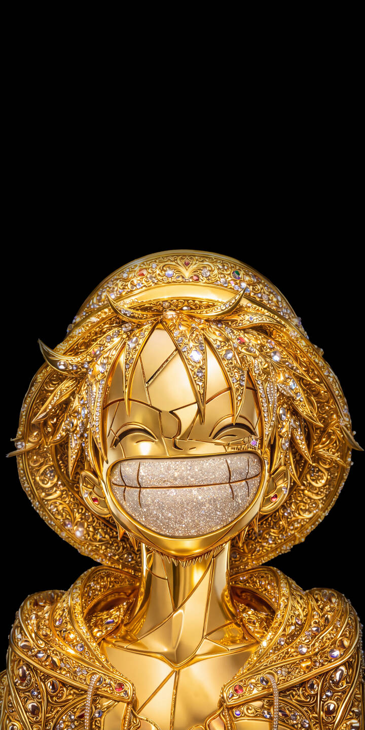 Luffy's radiant, diamond-studded grin shines bright on this opulent golden sculpture, intricately detailed with countless sparkling gems in this stunning 4K wallpaper. This luxurious piece is a perfect wallpaper for iPhone users seeking a unique One Piece theme. | gold anime iphone one piece luffy wallpaper diamonds mobile 4k wallpaper hd wallpaper jeweled opulent Luffy's radiant, diamond-studded grin shines bright on this opulent golden sculpture, intricately detailed with countless sparkling gems in this stunning 4K wallpaper. This luxurious piece is a perfect wallpaper for iPhone users seeking a unique One Piece theme.