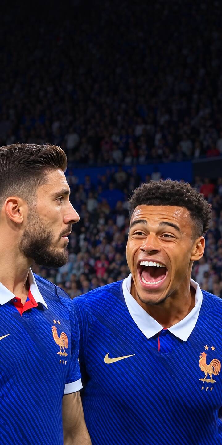 Randal Kolo Muani erupts in an ecstatic, open-mouthed cheer while Jules Kounde looks on, both sporting the vibrant blue France jerseys in this dynamic 4K wallpaper. This spirited moment makes a perfect football wallpaper for your iPhone screen. | sports football celebration iphone soccer wallpaper mobile 4k wallpaper hd wallpaper france football kounde upamecano Randal Kolo Muani erupts in an ecstatic, open-mouthed cheer while Jules Kounde looks on, both sporting the vibrant blue France jerseys in this dynamic 4K wallpaper. This spirited moment makes a perfect football wallpaper for your iPhone screen.