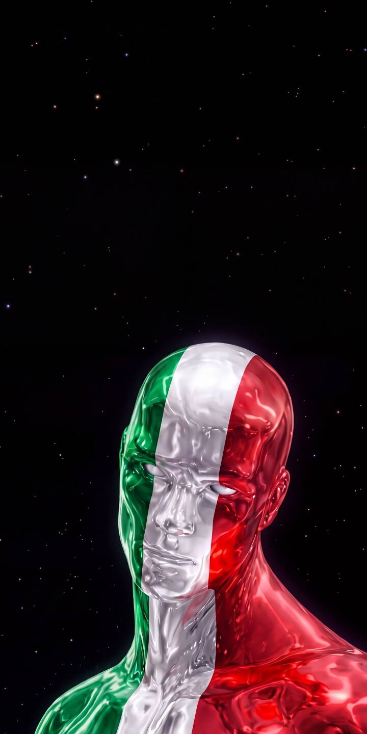 A gleaming metallic head, brilliantly adorned with the Italian flag, emerges from a cosmic starry field in this stunning 4K wallpaper, making it a powerful and artistic choice for your iPhone. This unique wallpaper perfectly captures a futuristic national spirit. | space iphone wallpaper futuristic mobile italy metallic 4k wallpaper hd wallpaper patriotism chrome art italian flag A gleaming metallic head, brilliantly adorned with the Italian flag, emerges from a cosmic starry field in this stunning 4K wallpaper, making it a powerful and artistic choice for your iPhone. This unique wallpaper perfectly captures a futuristic national spirit.