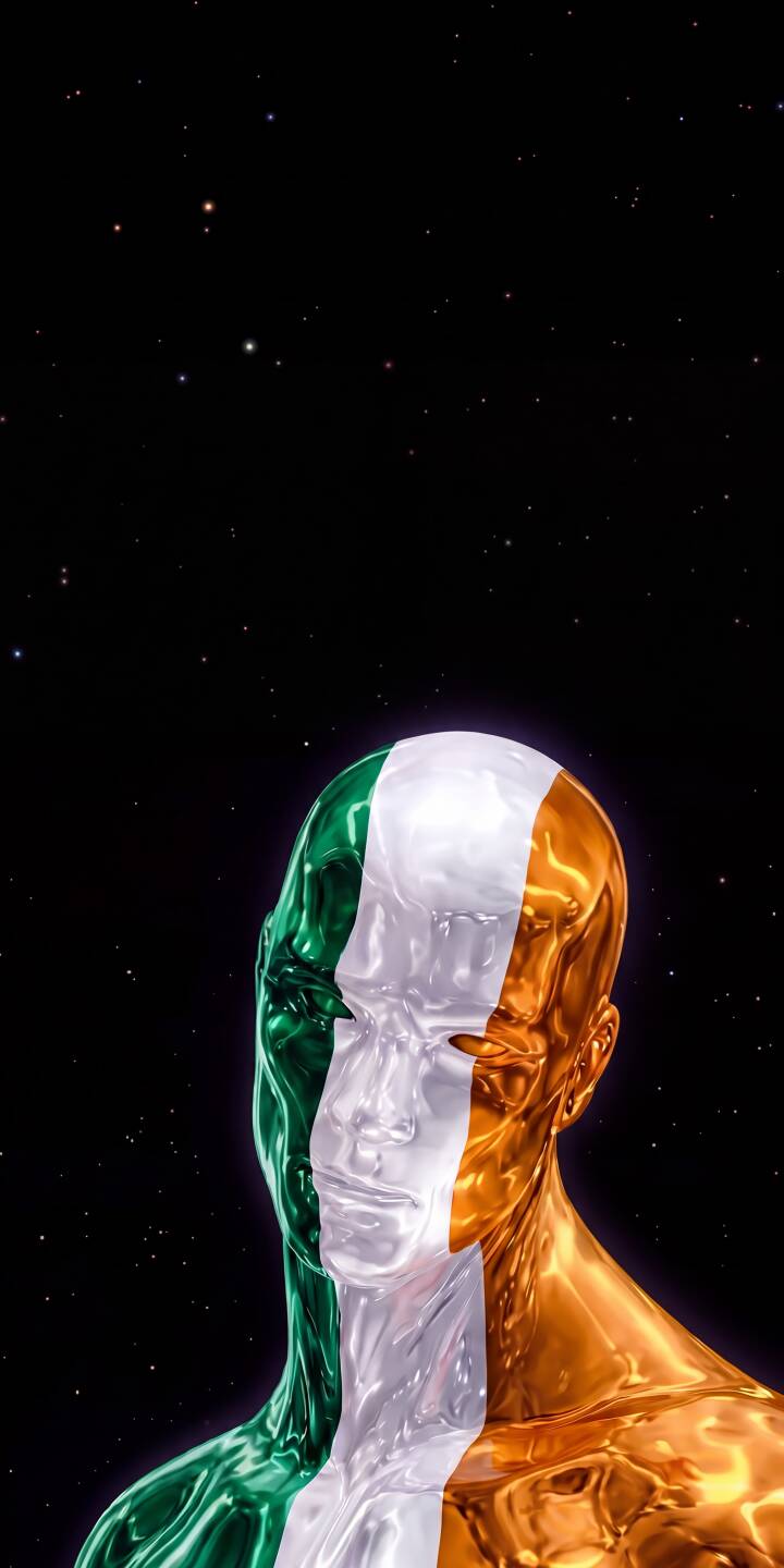 A gleaming metallic figure adorned with the vibrant green, white, and orange of the Irish flag stands out against a mesmerizing 4K starry background. This striking wallpaper is perfect for your iPhone, offering a unique blend of patriotism and cosmic wonder. | space iphone abstract wallpaper mobile digital art metallic 4k wallpaper hd wallpaper patriotic ireland irish flag A gleaming metallic figure adorned with the vibrant green, white, and orange of the Irish flag stands out against a mesmerizing 4K starry background. This striking wallpaper is perfect for your iPhone, offering a unique blend of patriotism and cosmic wonder.