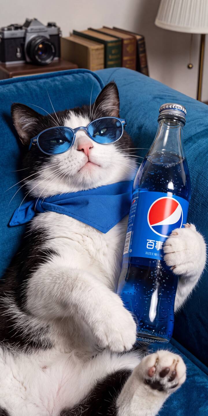 Donning blue tinted sunglasses and a matching bandana, this suave black and white tuxedo cat relaxes on a vibrant blue couch, casually holding a Pepsi bottle in this stunning 4K wallpaper; an absolute must-have wallpaper for your iPhone. | animal cat cute iphone wallpaper pepsi cool mobile 4k wallpaper hd wallpaper tuxedo cat blue sunglasses Donning blue tinted sunglasses and a matching bandana, this suave black and white tuxedo cat relaxes on a vibrant blue couch, casually holding a Pepsi bottle in this stunning 4K wallpaper; an absolute must-have wallpaper for your iPhone.