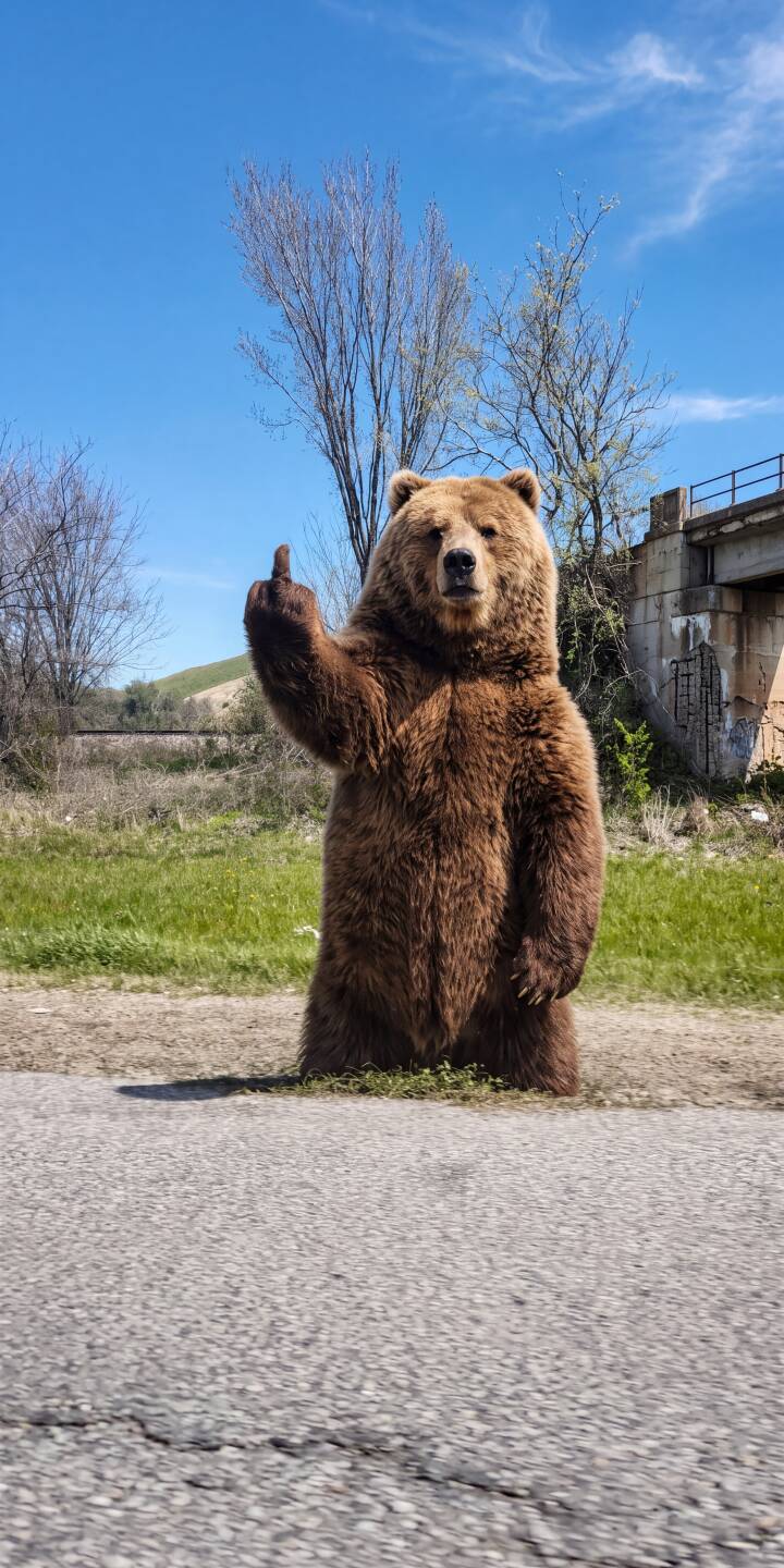 A confident brown bear stands on two legs, humorously raising a paw in a recognizable gesture against a clear blue sky, making for a truly unique 4K wallpaper. This bold and eye-catching wallpaper is an excellent choice for an expressive iPhone lock screen. | meme funny animal bear brown bear iphone wallpaper mobile wild 4k wallpaper hd wallpaper gesture A confident brown bear stands on two legs, humorously raising a paw in a recognizable gesture against a clear blue sky, making for a truly unique 4K wallpaper. This bold and eye-catching wallpaper is an excellent choice for an expressive iPhone lock screen.