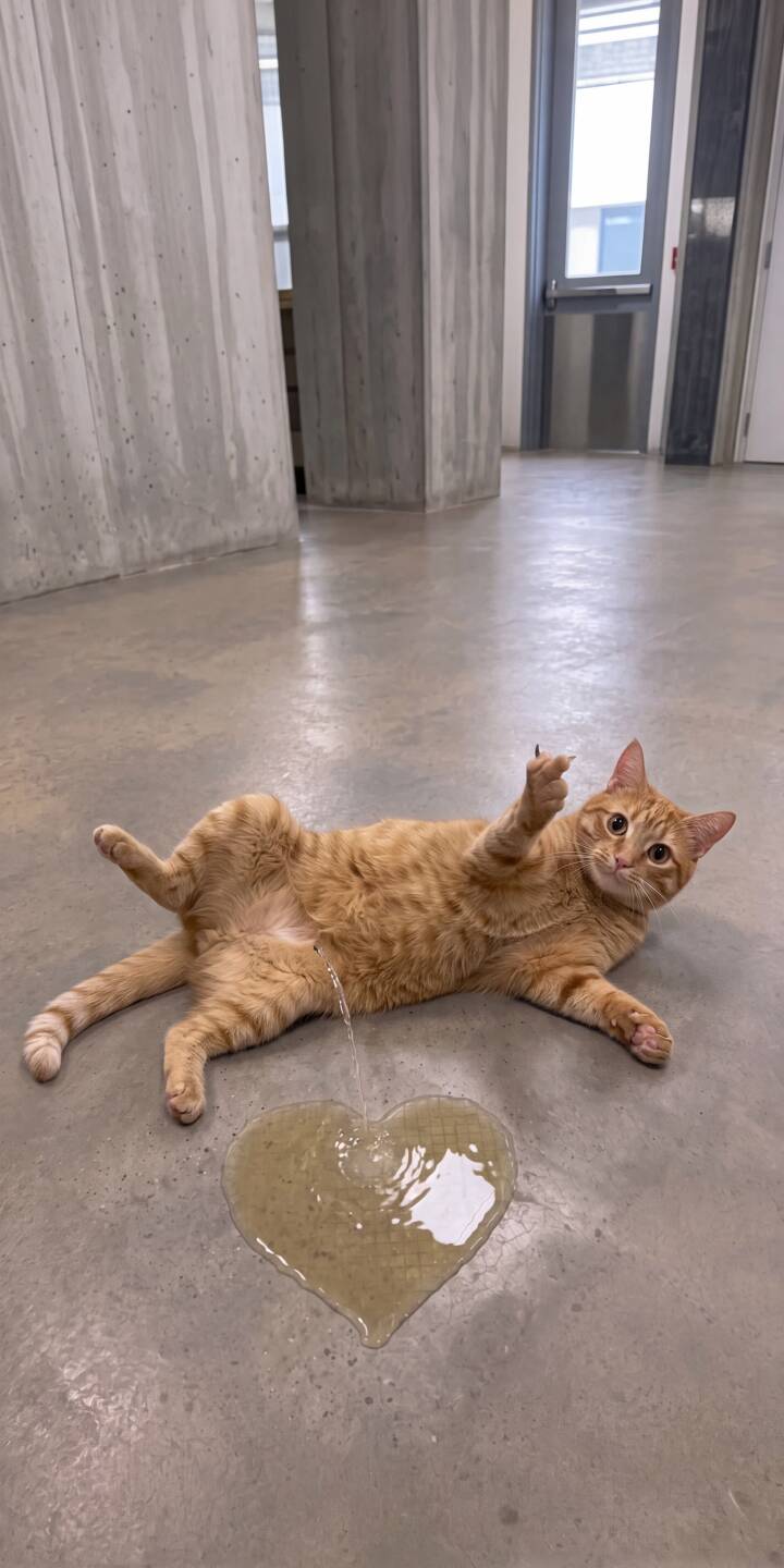 A charming ginger cat lies on its back, skillfully creating a perfect heart shape from its pee on the concrete floor, its gaze playfully meeting the camera. This adorable 4K wallpaper makes a hilarious and unique background for your iPhone, doubling as a memorable cat wallpaper for any feline fan. | funny cat pet heart cute iphone wallpaper mobile 4k wallpaper hd wallpaper ginger cat feline A charming ginger cat lies on its back, skillfully creating a perfect heart shape from its pee on the concrete floor, its gaze playfully meeting the camera. This adorable 4K wallpaper makes a hilarious and unique background for your iPhone, doubling as a memorable cat wallpaper for any feline fan.