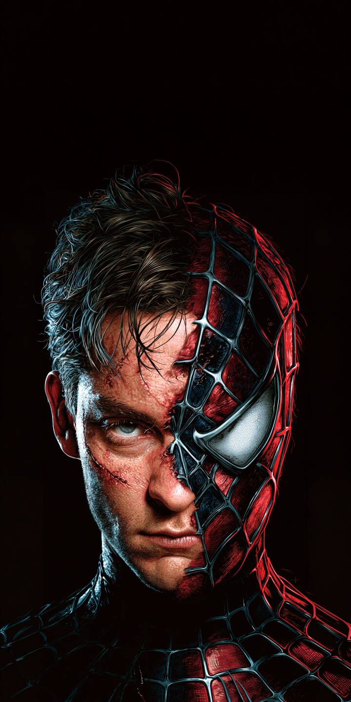 The intense duality of Peter Parker and Spider-Man is vividly captured, with his scarred face and determined blue eye meeting the iconic mask in this 4K wallpaper. This stunning wallpaper for iPhone is a must-have for fans of the heroic web-slinger. | dark superhero marvel iphone wallpaper peter parker mobile 4k wallpaper hd wallpaper gritty heroic spider-man The intense duality of Peter Parker and Spider-Man is vividly captured, with his scarred face and determined blue eye meeting the iconic mask in this 4K wallpaper. This stunning wallpaper for iPhone is a must-have for fans of the heroic web-slinger.