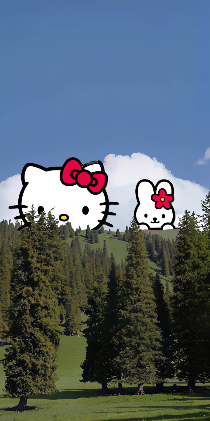 Hello Kitty's iconic red bow shines brightly as she and a cute bunny peek over a vibrant evergreen forest, set against a serene blue sky in this charming 4K wallpaper. This delightful wallpaper is perfect for personalizing your iPhone with a touch of whimsy and nature. | cartoon aesthetic forest cute hello kitty iphone nature wallpaper mobile 4k wallpaper hd wallpaper sanrio Hello Kitty's iconic red bow shines brightly as she and a cute bunny peek over a vibrant evergreen forest, set against a serene blue sky in this charming 4K wallpaper. This delightful wallpaper is perfect for personalizing your iPhone with a touch of whimsy and nature.
