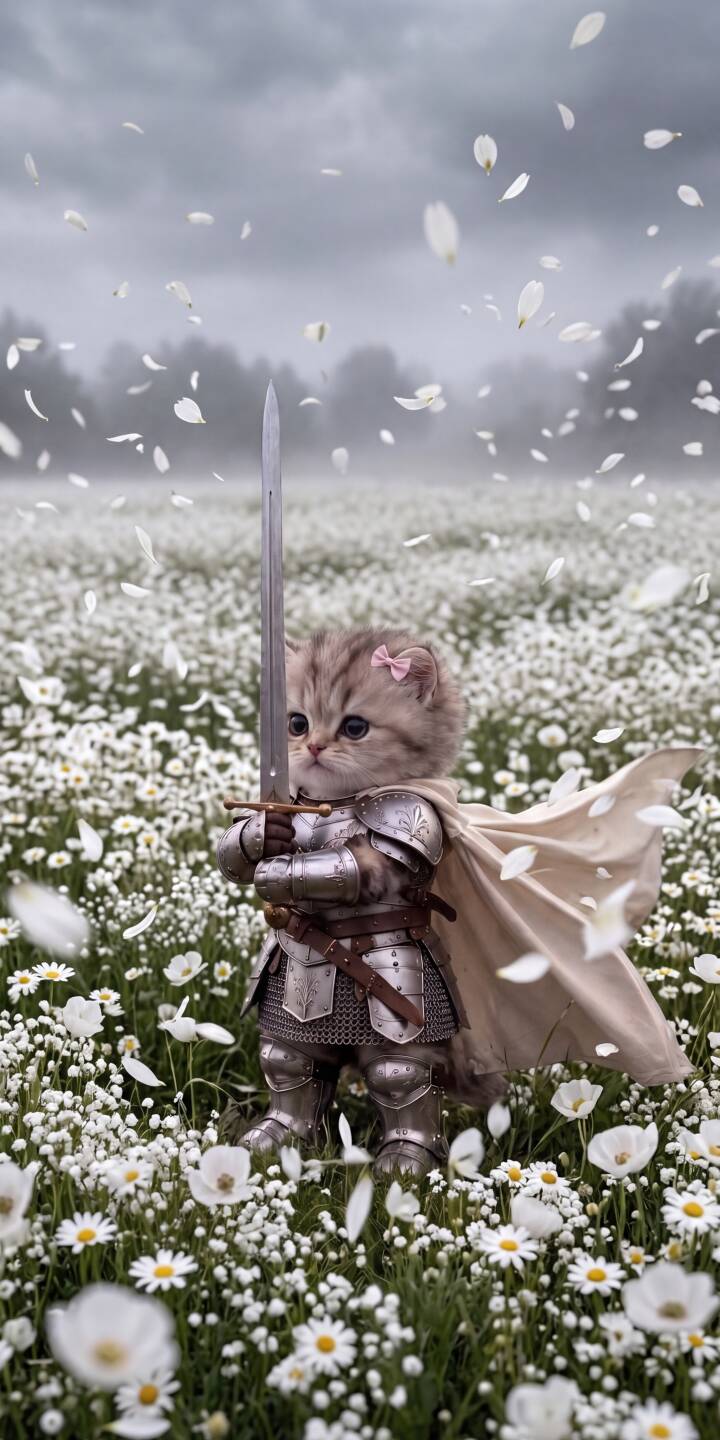 Adorned in shimmering silver armor with a flowing cape, a brave kitten holds a gleaming sword amidst a whimsical field of white daisies and falling petals in this enchanting 4K wallpaper â an absolutely charming wallpaper for iPhone users. | sword cat daisy knight cute iphone fantasy wallpaper kitten mobile 4k wallpaper hd wallpaper Adorned in shimmering silver armor with a flowing cape, a brave kitten holds a gleaming sword amidst a whimsical field of white daisies and falling petals in this enchanting 4K wallpaper â an absolutely charming wallpaper for iPhone users.