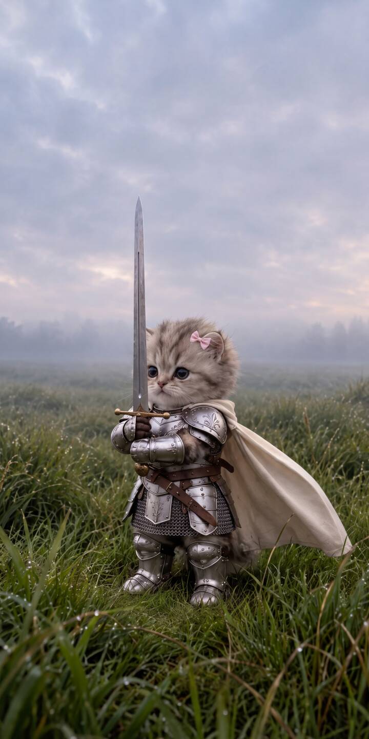 Clad in gleaming silver armor and clutching a formidable sword, this adorable kitten warrior stands ready in a misty field, her tiny pink bow a charming detail against the epic backdrop. Download this enchanting 4K wallpaper to bring a touch of whimsical bravery to your iPhone. | sword armor medieval iphone fantasy wallpaper kitten mobile 4k wallpaper hd wallpaper adorable cat knight Clad in gleaming silver armor and clutching a formidable sword, this adorable kitten warrior stands ready in a misty field, her tiny pink bow a charming detail against the epic backdrop. Download this enchanting 4K wallpaper to bring a touch of whimsical bravery to your iPhone.