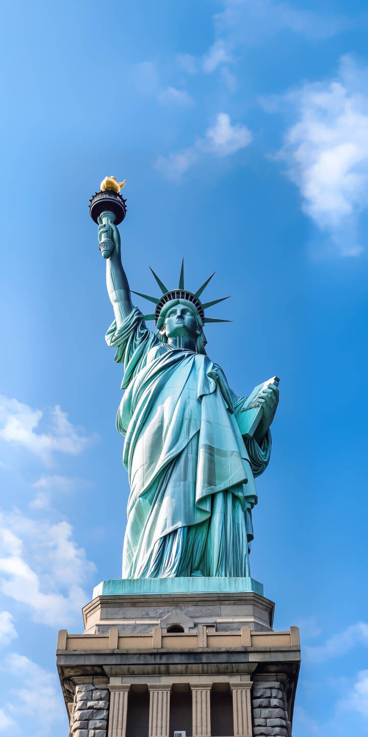 Against a backdrop of vibrant blue sky and scattered white clouds, the Statue of Liberty's iconic golden torch shines brightly in this stunning 4K wallpaper - a truly magnificent wallpaper for your iPhone. | torch landmark new york iphone wallpaper blue sky mobile 4k wallpaper hd wallpaper iconic statue of liberty lady liberty Against a backdrop of vibrant blue sky and scattered white clouds, the Statue of Liberty's iconic golden torch shines brightly in this stunning 4K wallpaper - a truly magnificent wallpaper for your iPhone.