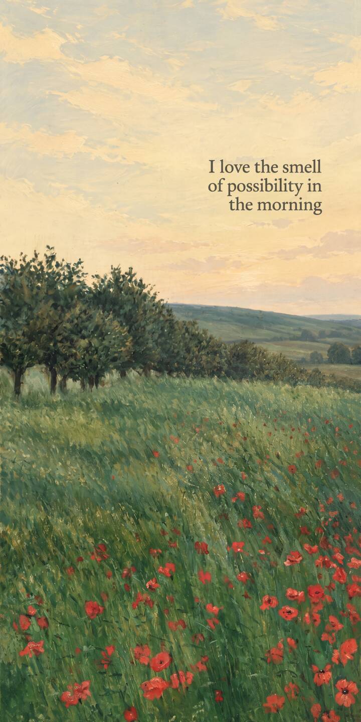The inspirational quote, "I love the smell of possibility in the morning," gracefully floats above a field of vibrant red poppies and tall green grass, creating an uplifting 4K wallpaper for your iPhone. This serene landscape wallpaper captures the essence of a peaceful morning. | aesthetic landscape iphone nature wallpaper morning mobile 4k wallpaper hd wallpaper serene inspirational quote poppy field The inspirational quote, "I love the smell of possibility in the morning," gracefully floats above a field of vibrant red poppies and tall green grass, creating an uplifting 4K wallpaper for your iPhone. This serene landscape wallpaper captures the essence of a peaceful morning.