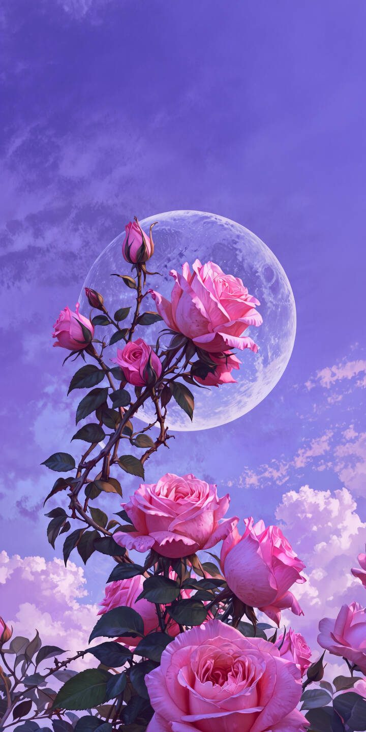 Soft pink rose blossoms with delicate petals stand in the foreground against an ethereal full moon and a dreamy lavender sky, creating a romantic 4K wallpaper perfect for your iPhone. This enchanting floral wallpaper captures nature's beauty and serenity. | pink aesthetic flowers purple moon iphone wallpaper mobile roses 4k wallpaper hd wallpaper dreamy Soft pink rose blossoms with delicate petals stand in the foreground against an ethereal full moon and a dreamy lavender sky, creating a romantic 4K wallpaper perfect for your iPhone. This enchanting floral wallpaper captures nature's beauty and serenity.