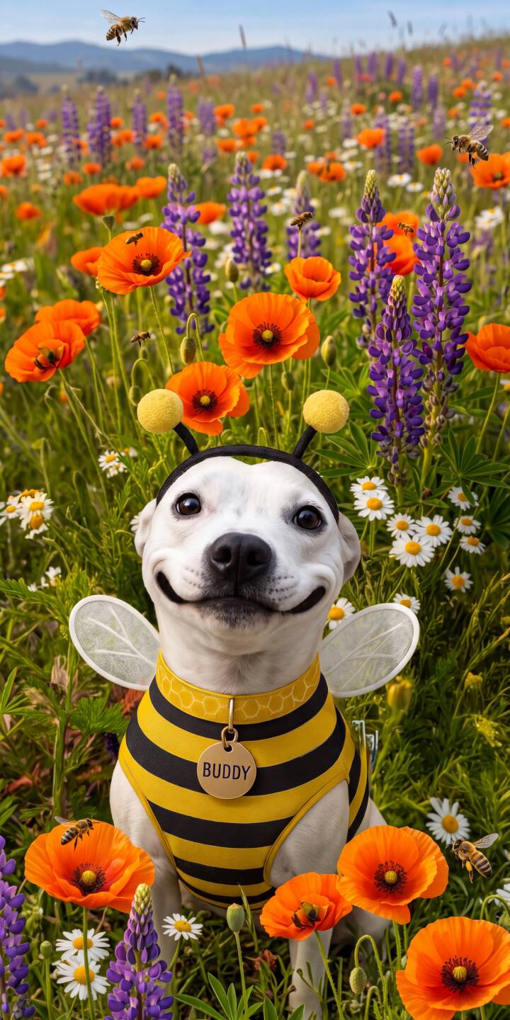 Buddy's wide, happy smile shines bright as he poses in his adorable bee costume amidst a vibrant 4K wildflower meadow. This charming wallpaper, featuring orange poppies and buzzing bees, is the perfect delightful wallpaper for any iPhone. | dog spring cute iphone happy wallpaper mobile 4k wallpaper hd wallpaper wildflowers buddy bee costume Buddy's wide, happy smile shines bright as he poses in his adorable bee costume amidst a vibrant 4K wildflower meadow. This charming wallpaper, featuring orange poppies and buzzing bees, is the perfect delightful wallpaper for any iPhone.