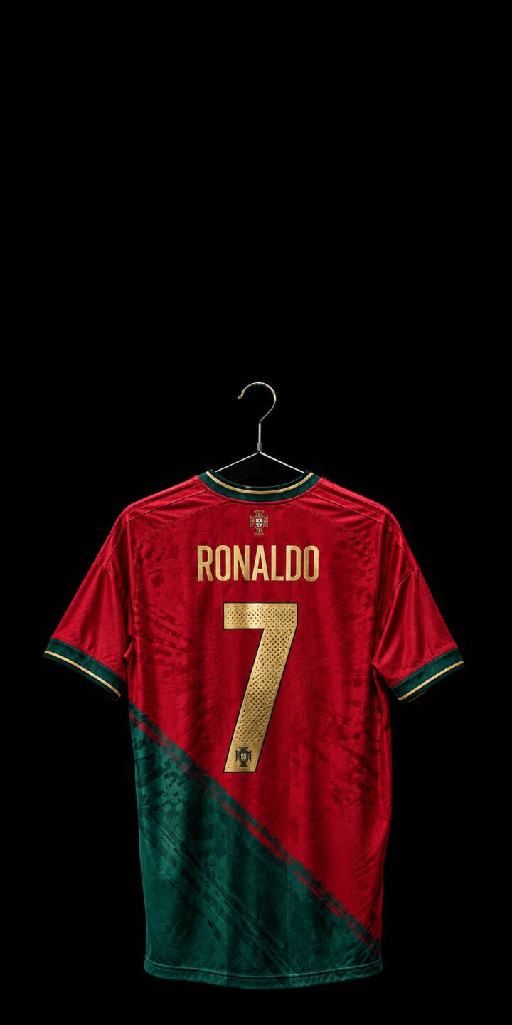 A vibrant red and green Portugal jersey featuring Ronaldo's name and the golden number 7 hangs against a stark black background in this stunning 4K wallpaper – a perfect wallpaper for iPhone screens of football fans. | football iphone ronaldo soccer wallpaper cr7 portugal cristiano ronaldo jersey mobile 4k wallpaper hd wallpaper A vibrant red and green Portugal jersey featuring Ronaldo's name and the golden number 7 hangs against a stark black background in this stunning 4K wallpaper – a perfect wallpaper for iPhone screens of football fans.