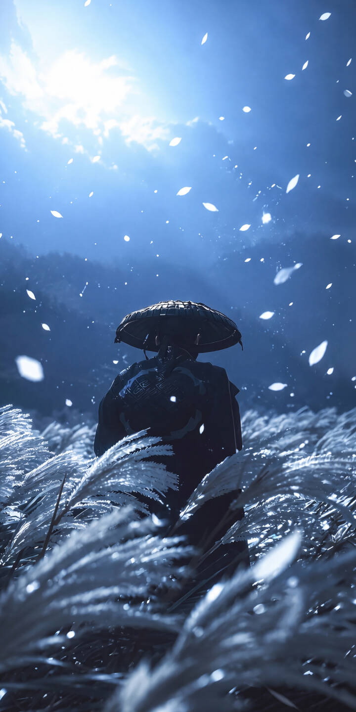Falling white petals drift around the lone samurai, Jin Sakai, as he stands in a field of luminous silver pampas grass under a brilliant sky in this stunning 4K wallpaper. This atmospheric Ghost of Tsushima scene is a perfect wallpaper for iPhone. | aesthetic samurai video game iphone wallpaper mobile 4k wallpaper hd wallpaper ghost of tsushima jin sakai falling petals pampas grass Falling white petals drift around the lone samurai, Jin Sakai, as he stands in a field of luminous silver pampas grass under a brilliant sky in this stunning 4K wallpaper. This atmospheric Ghost of Tsushima scene is a perfect wallpaper for iPhone.