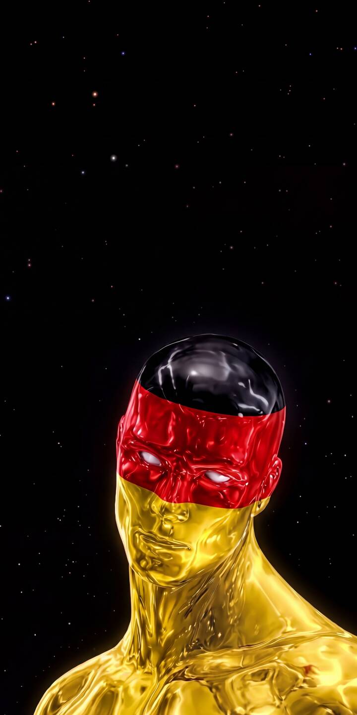 The powerful, metallic gold figure's head is boldly emblazoned with the German flag, its white eyes glowing against a starry cosmic backdrop in this stunning 4K wallpaper. This patriotic, stylized wallpaper is perfect for personalizing your iPhone. | gold iphone germany abstract stars wallpaper mobile metallic 4k wallpaper hd wallpaper patriotic german flag The powerful, metallic gold figure's head is boldly emblazoned with the German flag, its white eyes glowing against a starry cosmic backdrop in this stunning 4K wallpaper. This patriotic, stylized wallpaper is perfect for personalizing your iPhone.