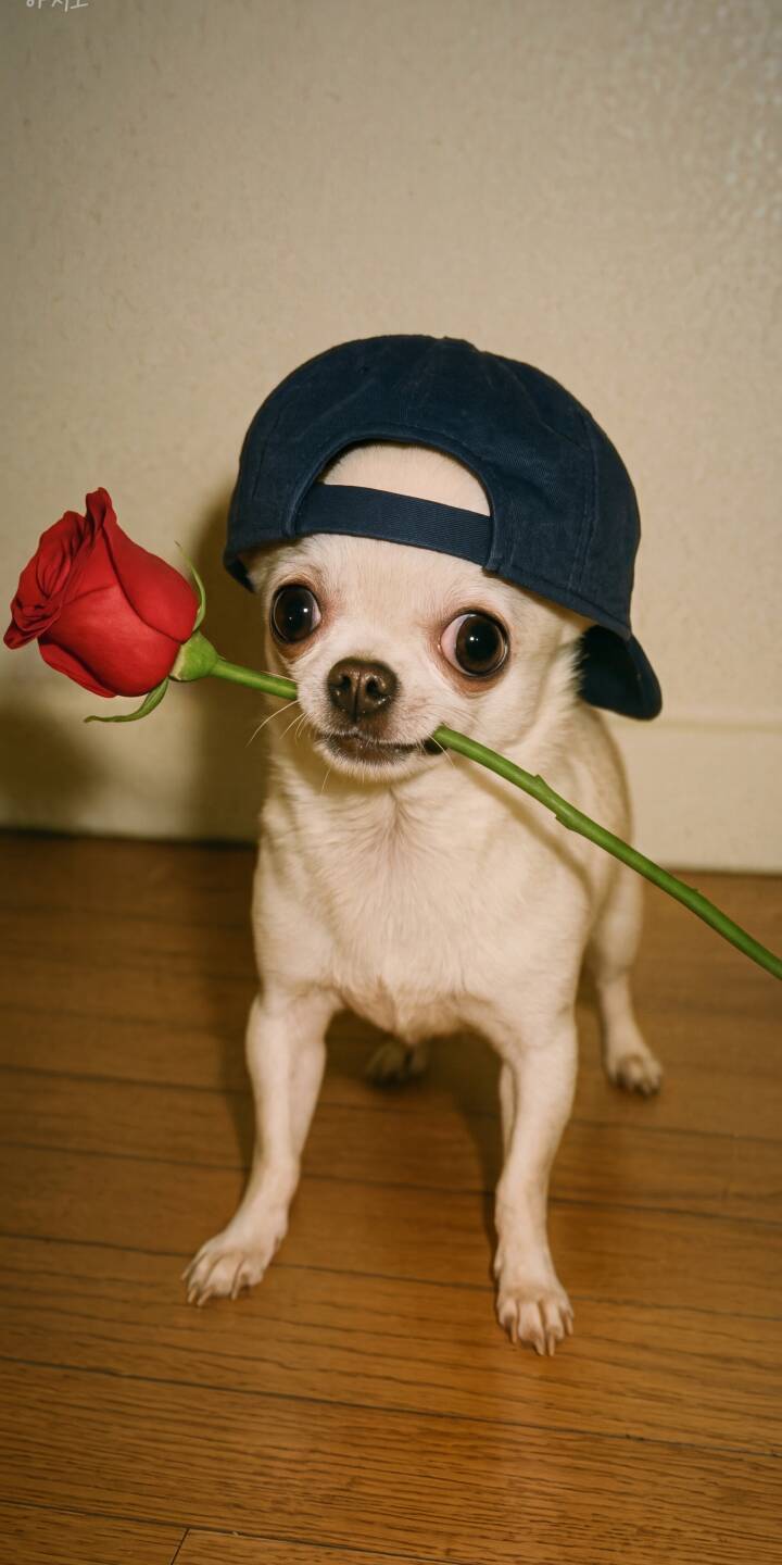 This adorable chihuahua, donning a backward baseball cap, charmingly presents a vibrant red rose in its mouth, making a sweet 4K wallpaper perfect for your iPhone. Its wide, expressive eyes steal the show in this heartwarming dog wallpaper. | dog pet rose cute iphone wallpaper mobile 4k wallpaper hd wallpaper adorable chihuahua This adorable chihuahua, donning a backward baseball cap, charmingly presents a vibrant red rose in its mouth, making a sweet 4K wallpaper perfect for your iPhone. Its wide, expressive eyes steal the show in this heartwarming dog wallpaper.