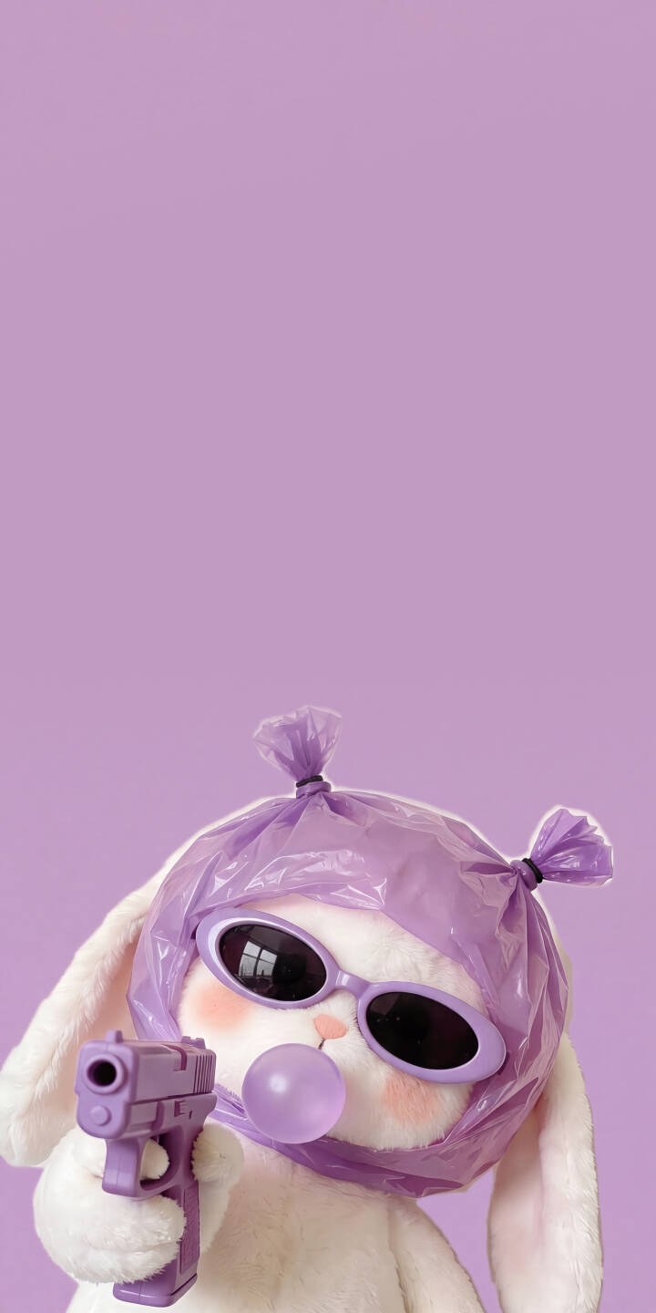 A whimsical plush bunny with playful pink blush blows a perfect purple bubblegum bubble, adorned in cool oval sunglasses and a tied plastic bag on its head in this charming 4K wallpaper — an adorable wallpaper choice for iPhone. | aesthetic sunglasses cute iphone rabbit bunny wallpaper mobile 4k wallpaper hd wallpaper plush bubblegum A whimsical plush bunny with playful pink blush blows a perfect purple bubblegum bubble, adorned in cool oval sunglasses and a tied plastic bag on its head in this charming 4K wallpaper — an adorable wallpaper choice for iPhone.