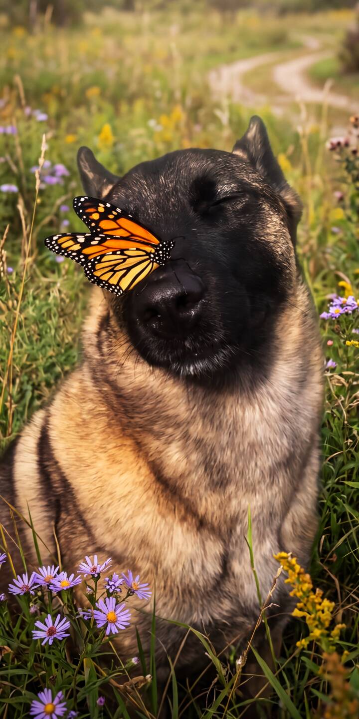 A vibrant monarch butterfly gently rests on a dog's nose, its eyes peacefully closed amidst a field of wildflowers, making this a heartwarming 4K wallpaper for your iPhone. This serene dog wallpaper perfectly captures a rare moment of nature's beauty. | dog pet iphone nature wallpaper mobile butterfly peaceful 4k wallpaper hd wallpaper wildflowers monarch butterfly A vibrant monarch butterfly gently rests on a dog's nose, its eyes peacefully closed amidst a field of wildflowers, making this a heartwarming 4K wallpaper for your iPhone. This serene dog wallpaper perfectly captures a rare moment of nature's beauty.